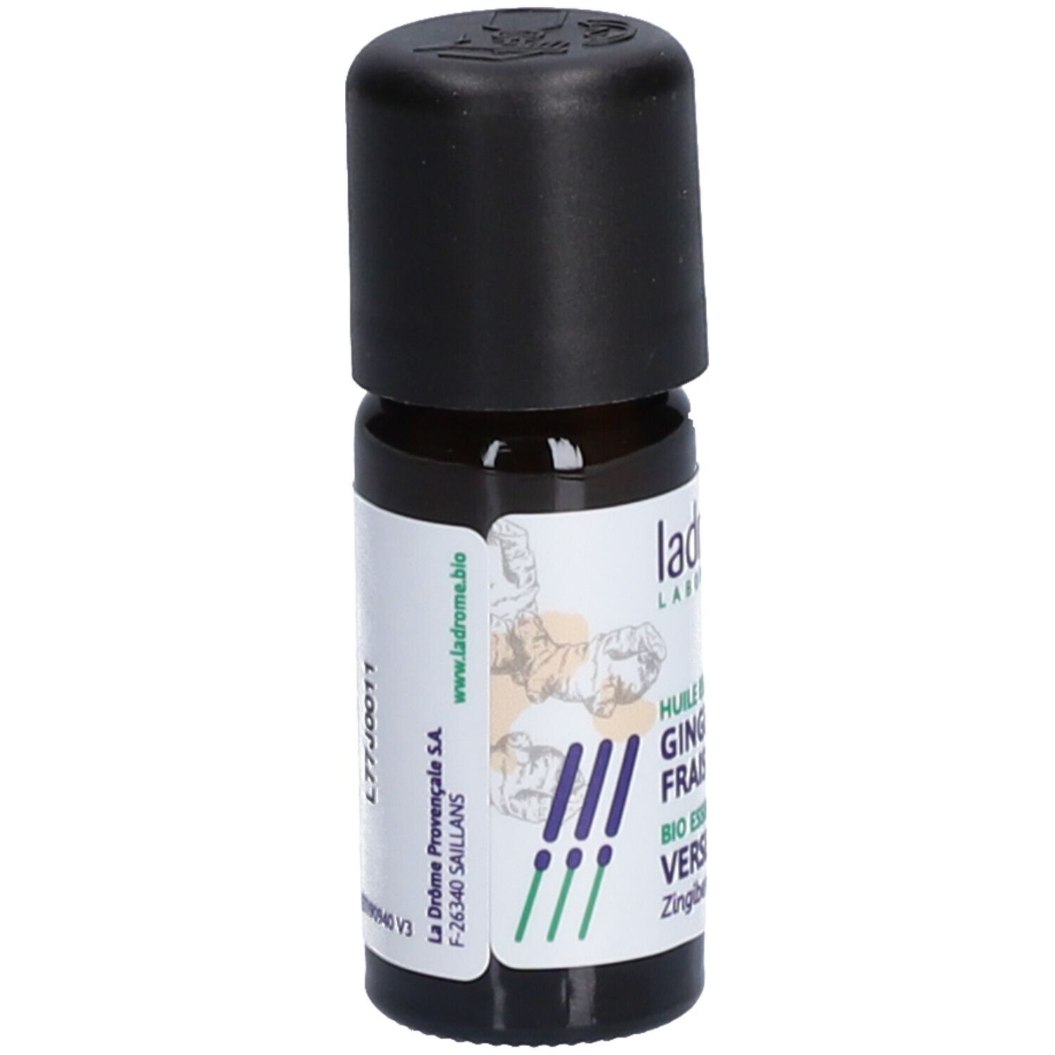 Bruine glazen fles met zwarte dop. Etiket met tekst: Huile essentielle bio Gingembre frais. Merk: Ladrôme.
