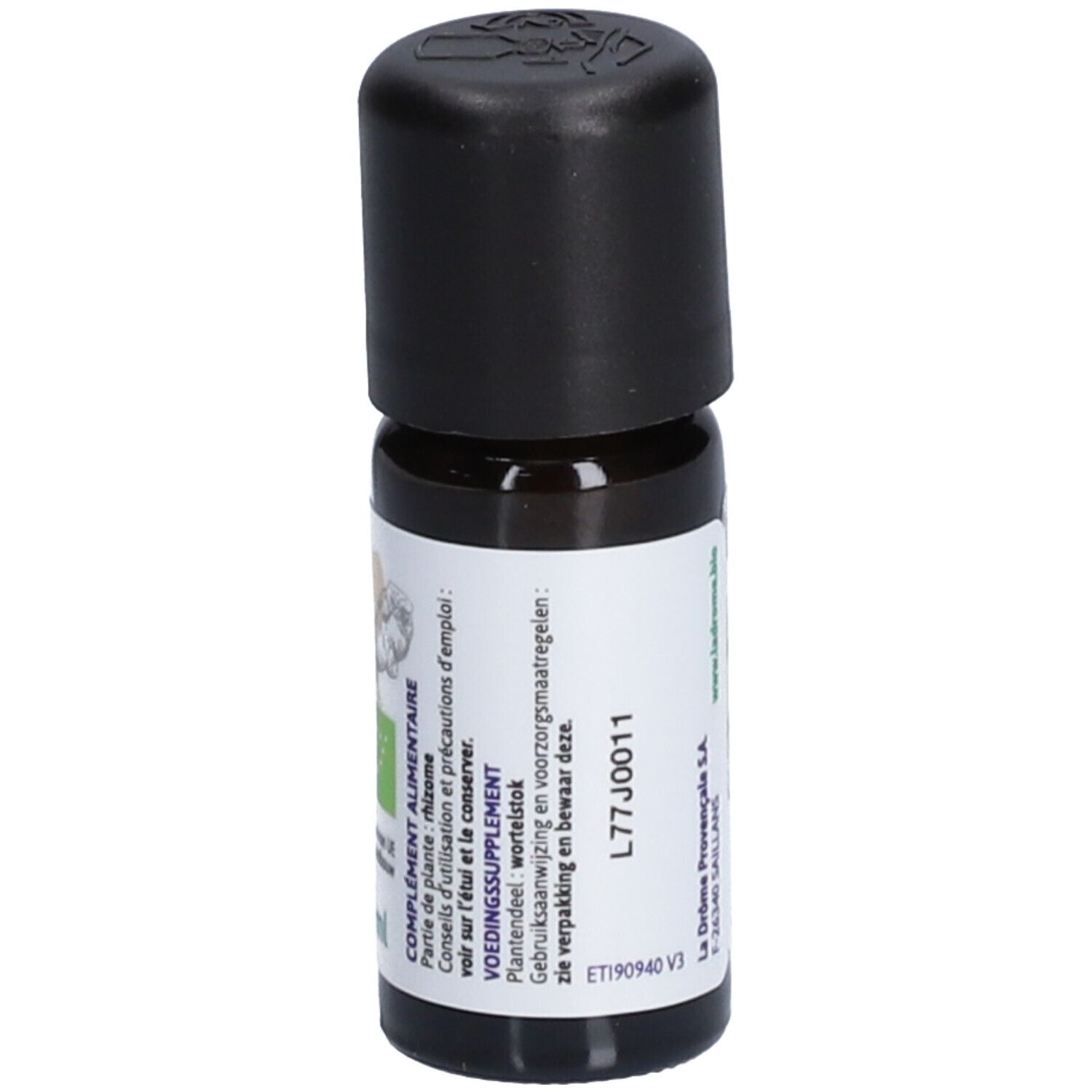Bruine glazen fles met zwarte dop. Etiket met tekst. Merk: Ladrôme. Supplement: Voedingssupplement. Tekst op etiket.