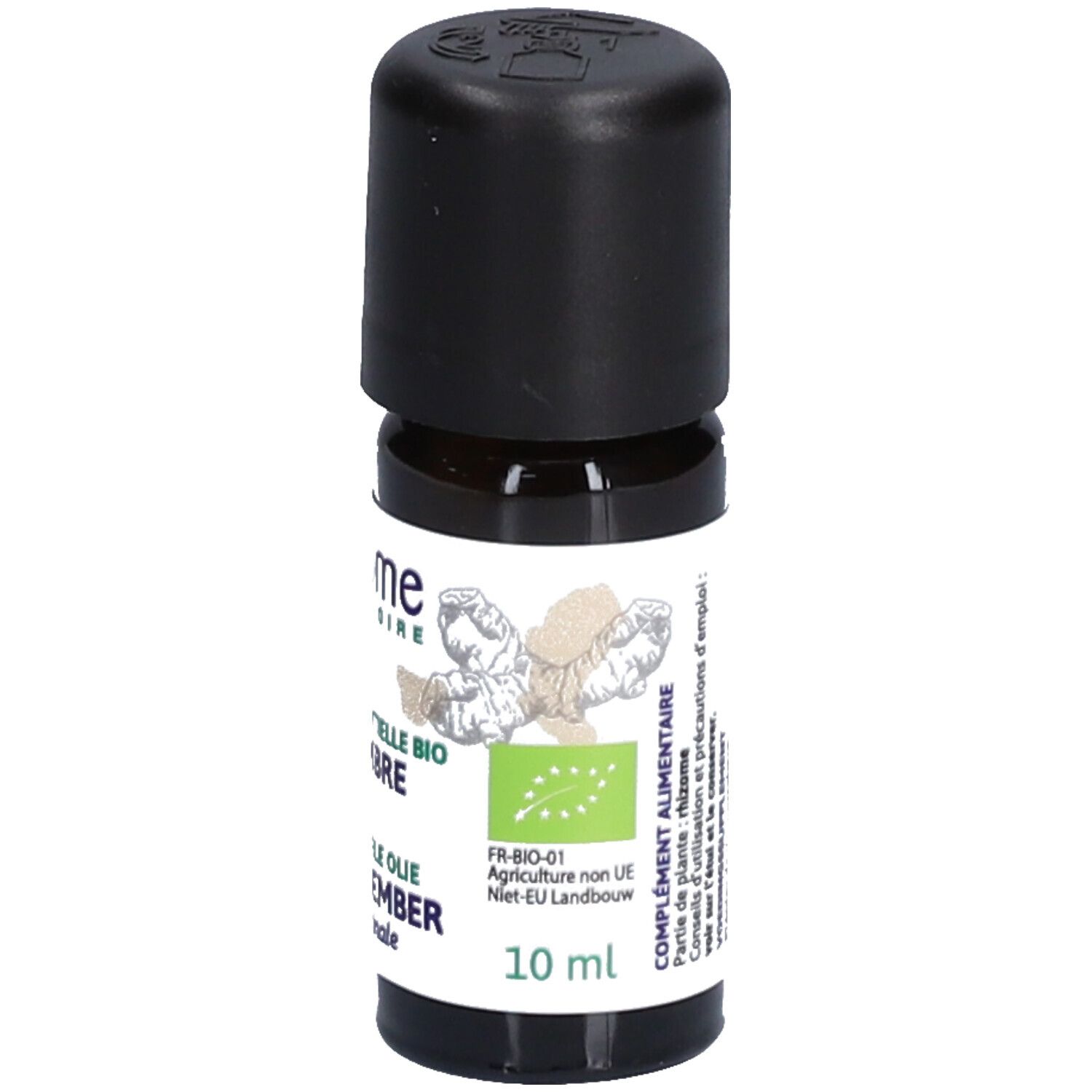 Bruine glazen fles met zwarte dop. Etiket met tekst: Huile essentielle bio Gingembre frais. Merk: Ladrôme. 10 ml.