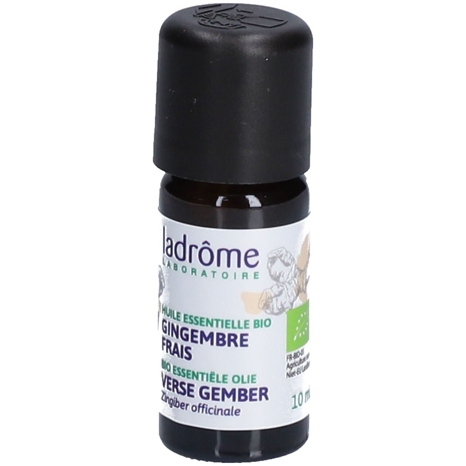 Bruine glazen fles met zwarte dop. Etiket met tekst: Huile essentielle bio Gingembre frais. Merk: Ladrôme. 10 ml.