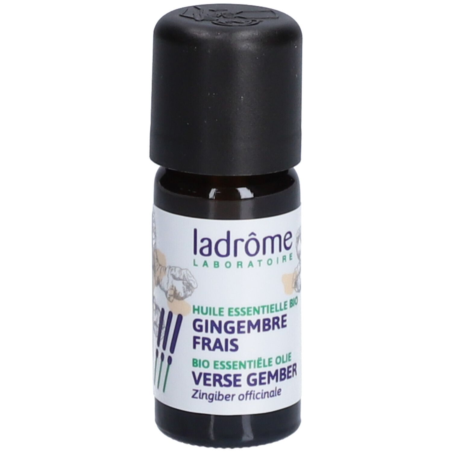 Bruine glazen fles met zwarte dop. Etiket met tekst: Huile essentielle bio Gingembre frais. Merk: Ladrôme.