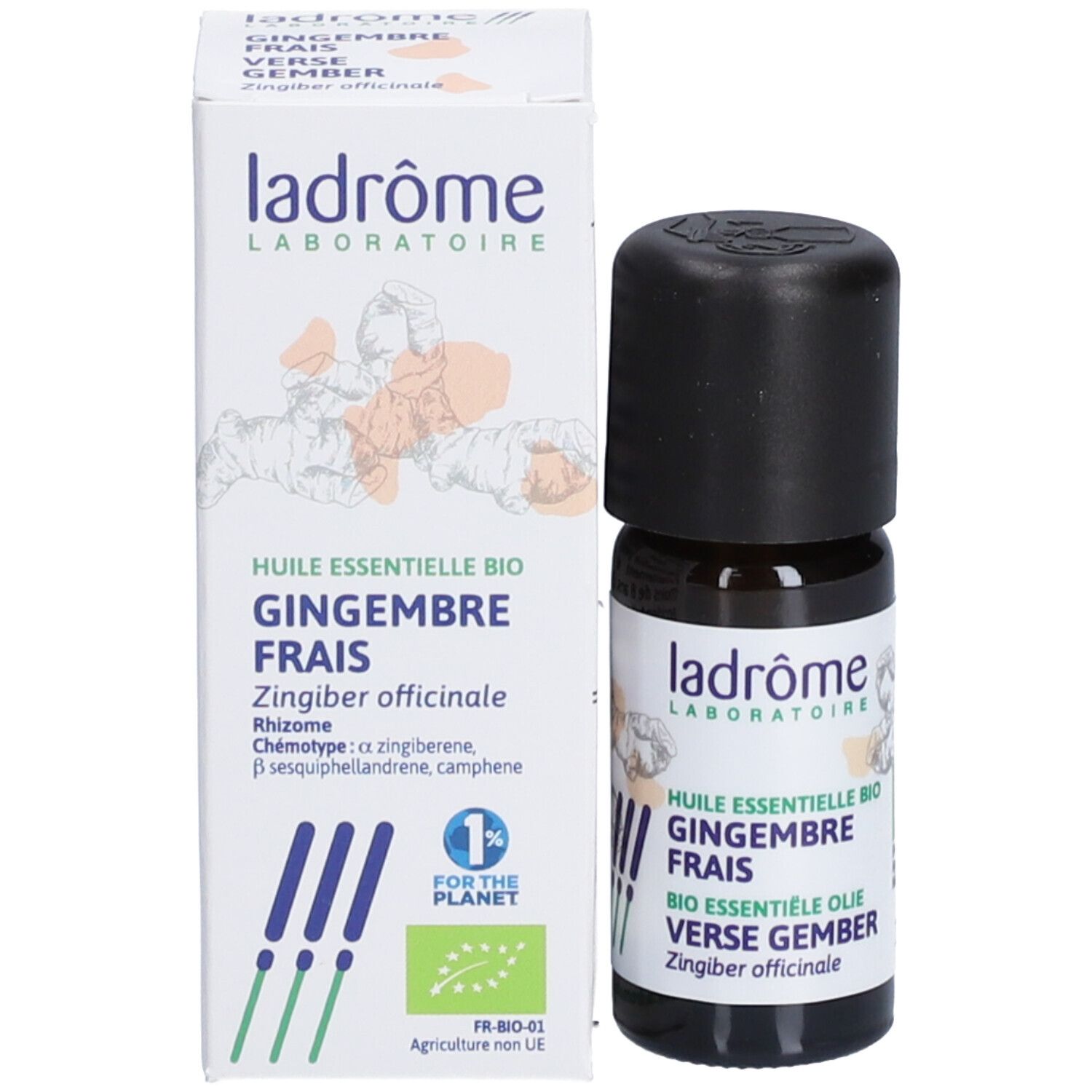 Bruine glazen fles met zwarte dop en doos. Opschrift: Huile essentielle bio Gingembre frais. Merk: Ladrôme.