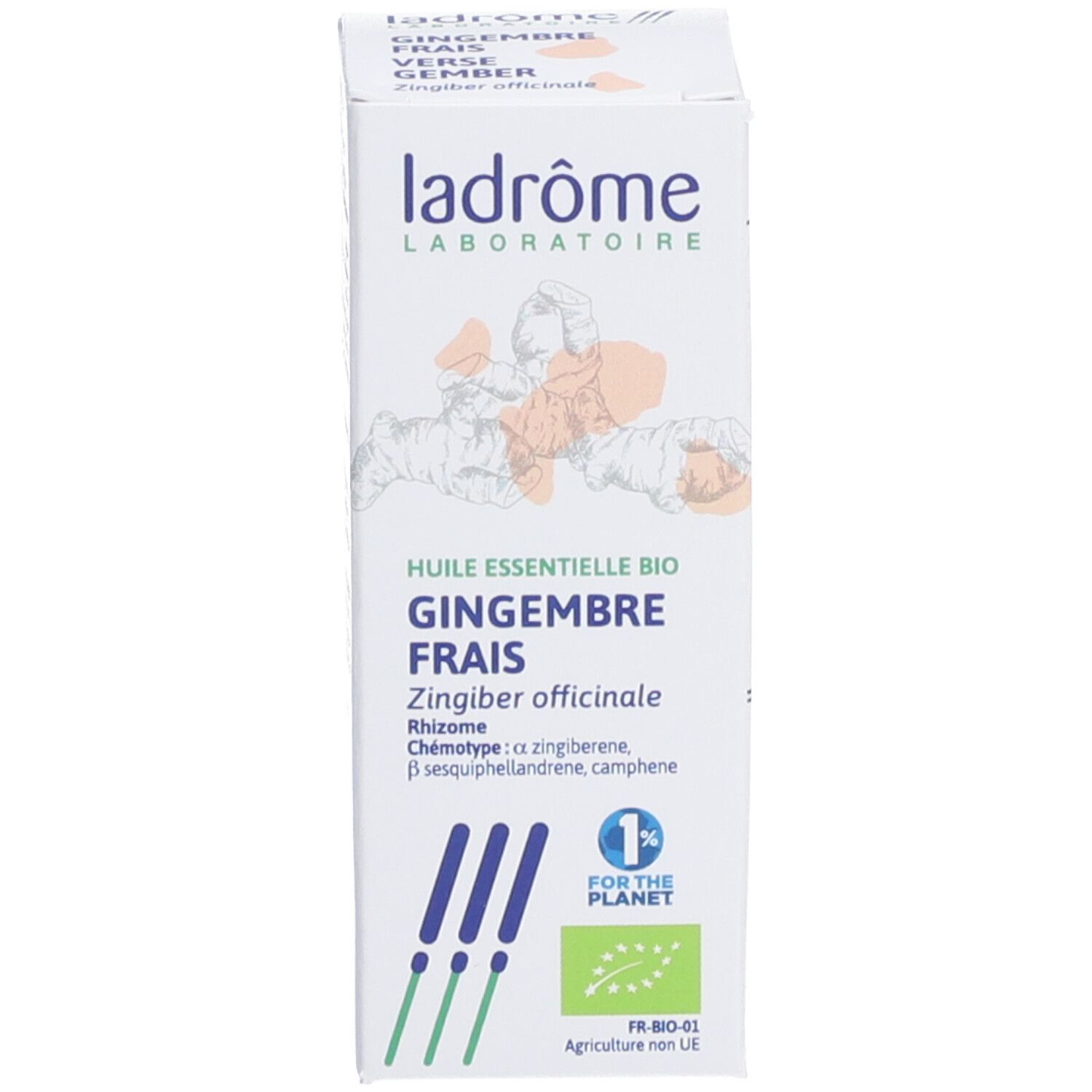 Doos met opschrift: Huile essentielle bio Gingembre frais. Merk: Ladrôme. Met logo: 1% for the planet.