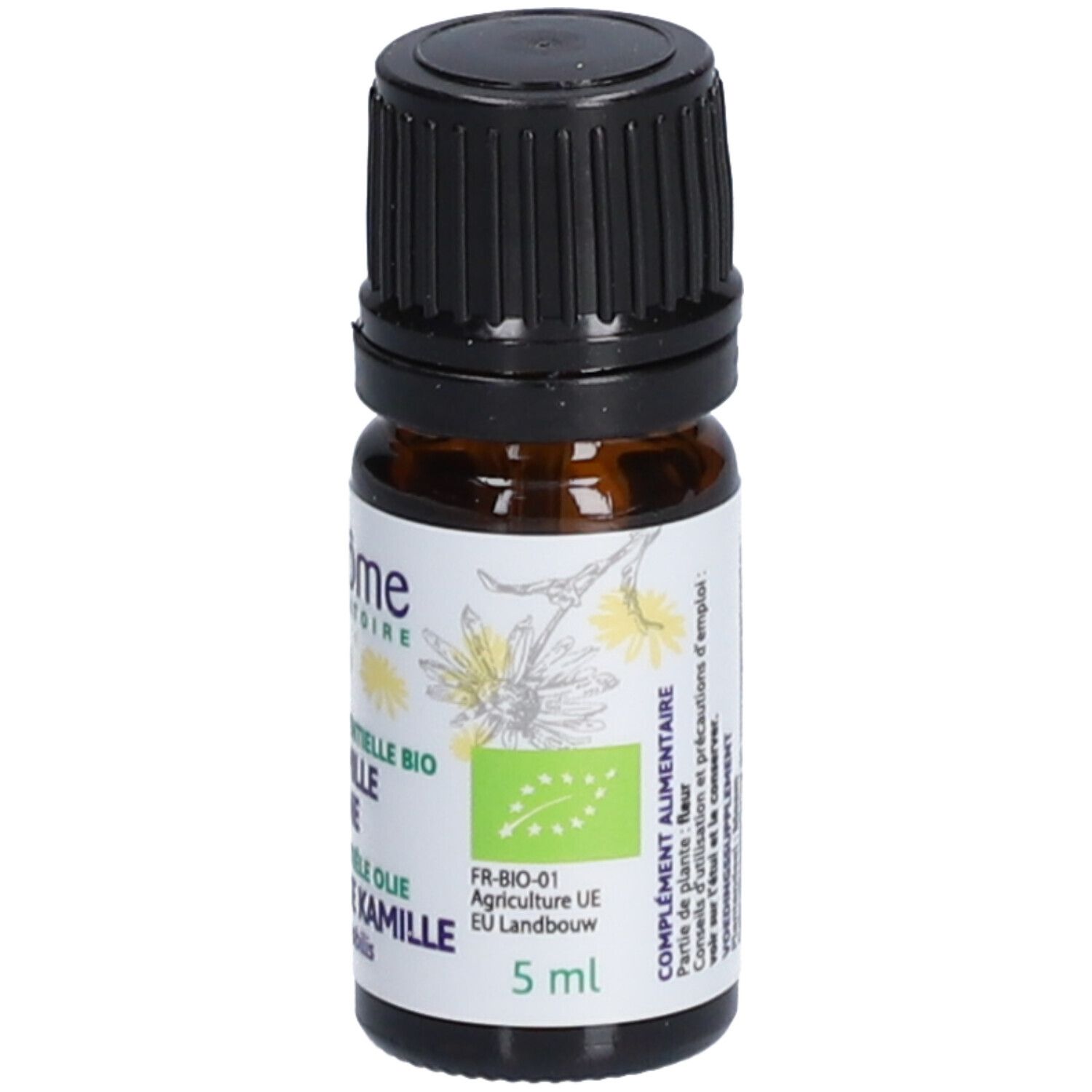Braunglasflasche mit schwarzem Verschluss. Etikett mit Text: Ladrôme, Huile Essentielle Bio Camomille Romaine, 5 ml.