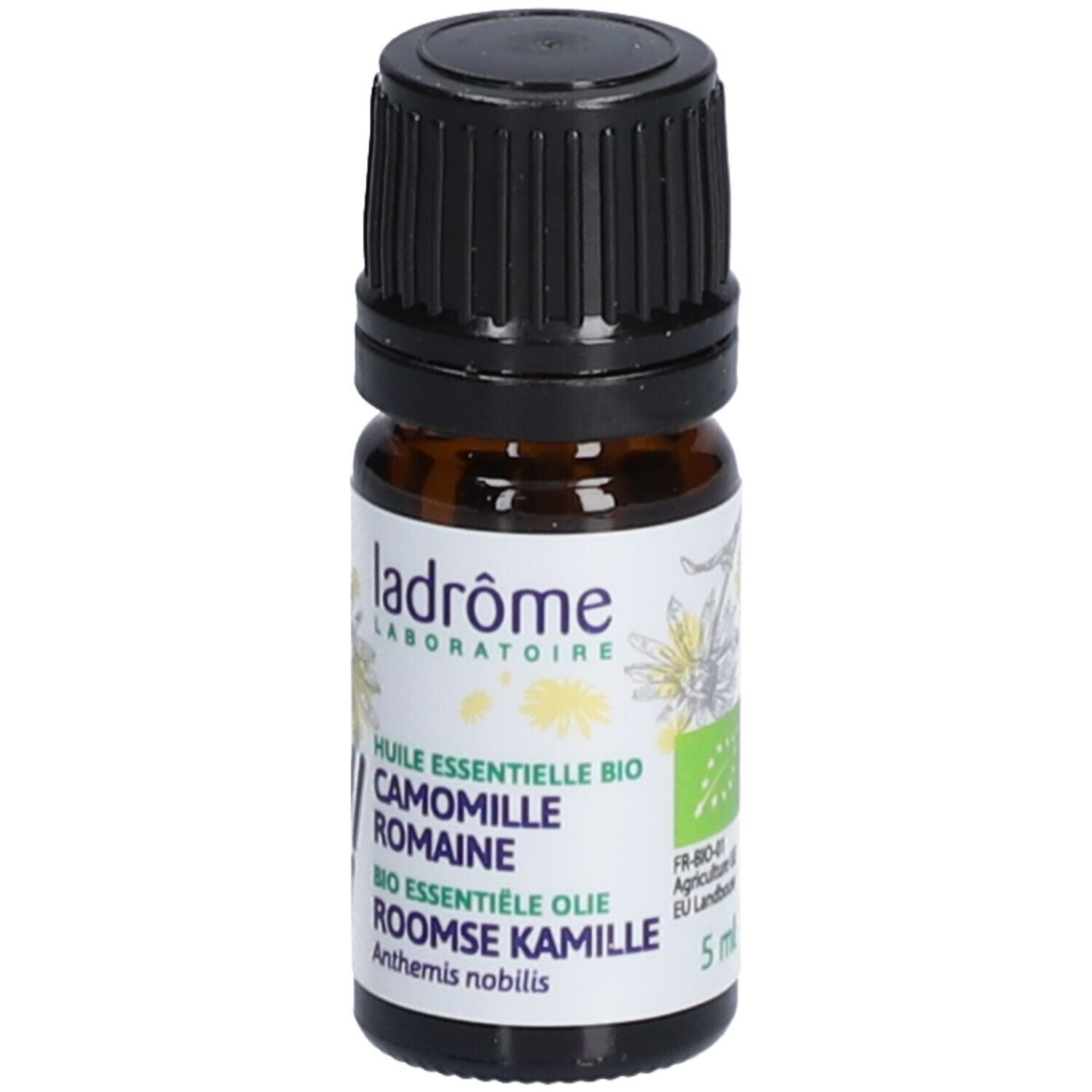 Braunglasflasche mit schwarzem Verschluss. Etikett mit Text: Ladrôme, Huile Essentielle Bio Camomille Romaine, 5 ml.