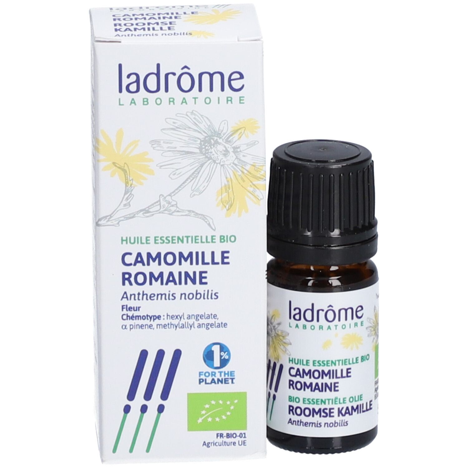 Braunglasflasche und Karton. Aufschrift: Ladrôme, Huile Essentielle Bio Camomille Romaine. Mit Bio-Siegel.