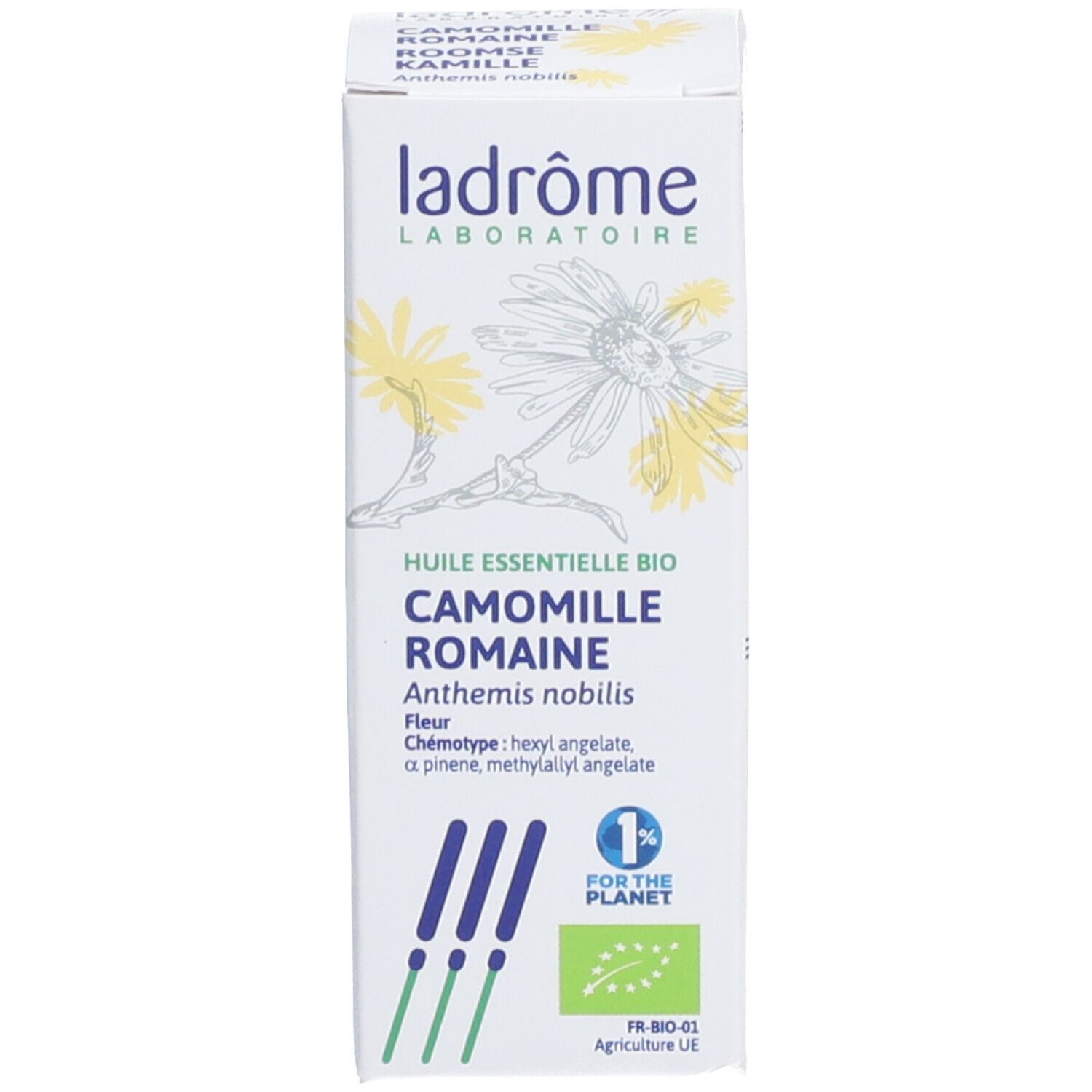 Karton mit Aufschrift: Ladrôme, Huile Essentielle Bio Camomille Romaine. Mit Bio-Siegel und Logo.