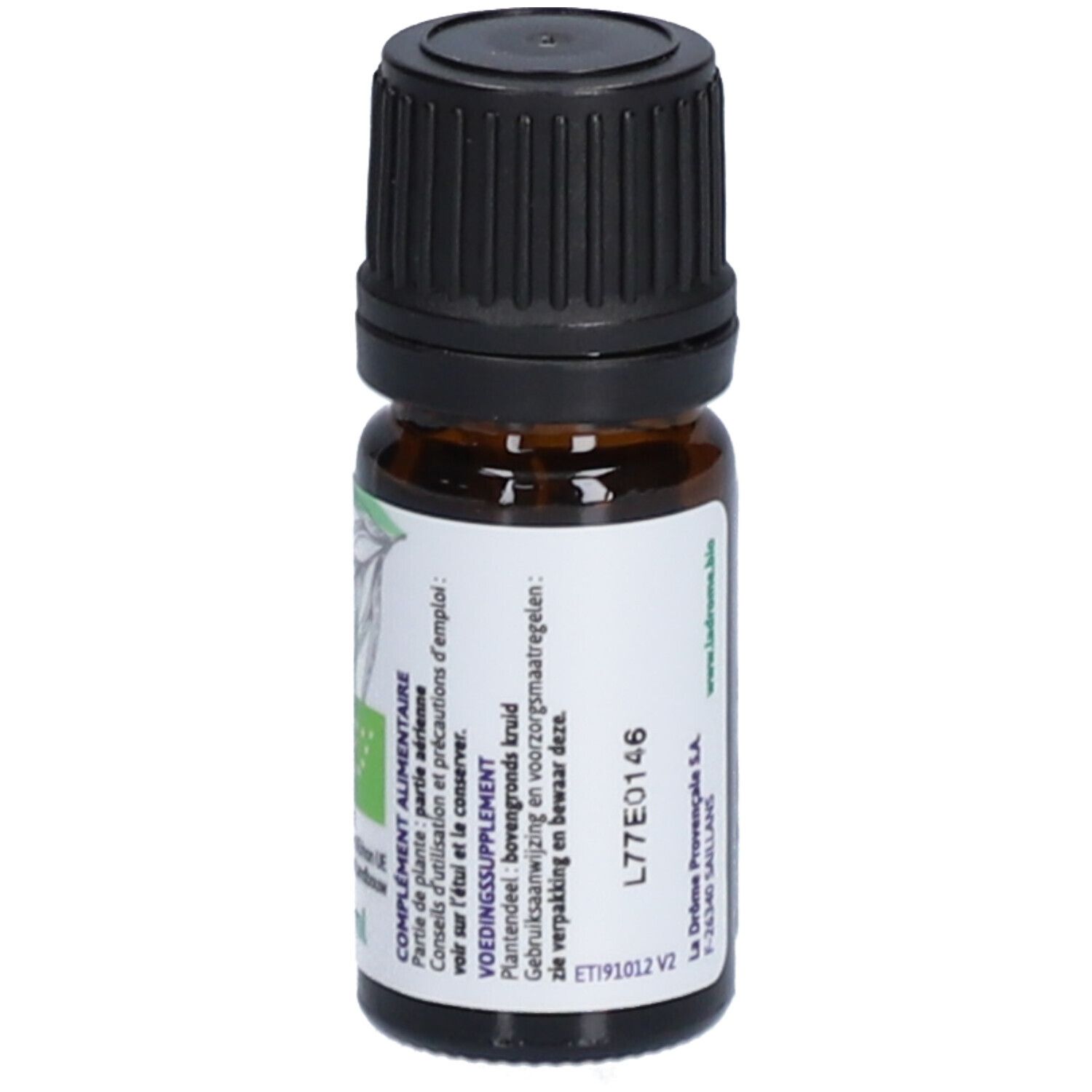 Braunglasflasche mit schwarzem Deckel. Etikett mit Text: Complement alimentaire, Voedingssupplement.