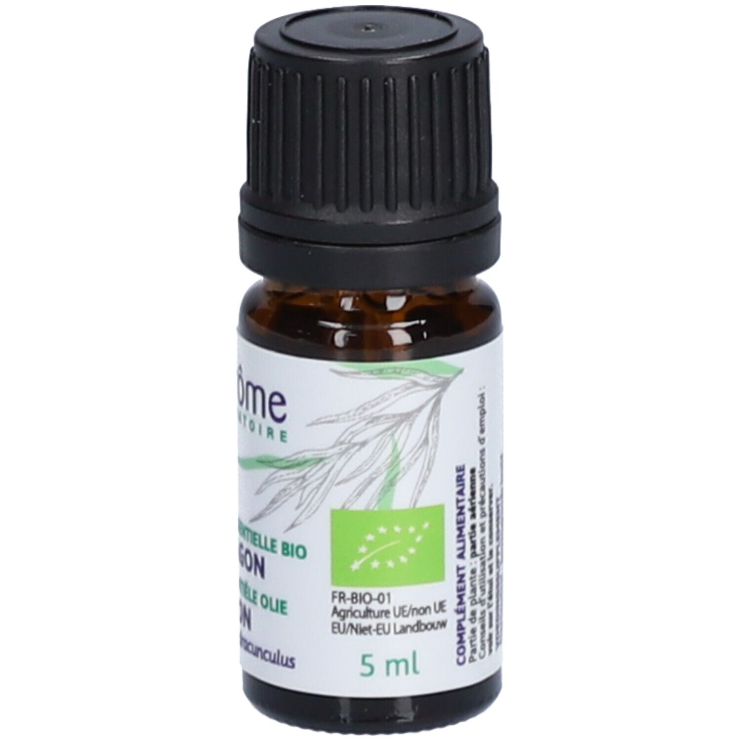 Braunglasflasche mit schwarzem Deckel. Etikett mit Text: Huile essentielle bio Estragon, 5 ml.