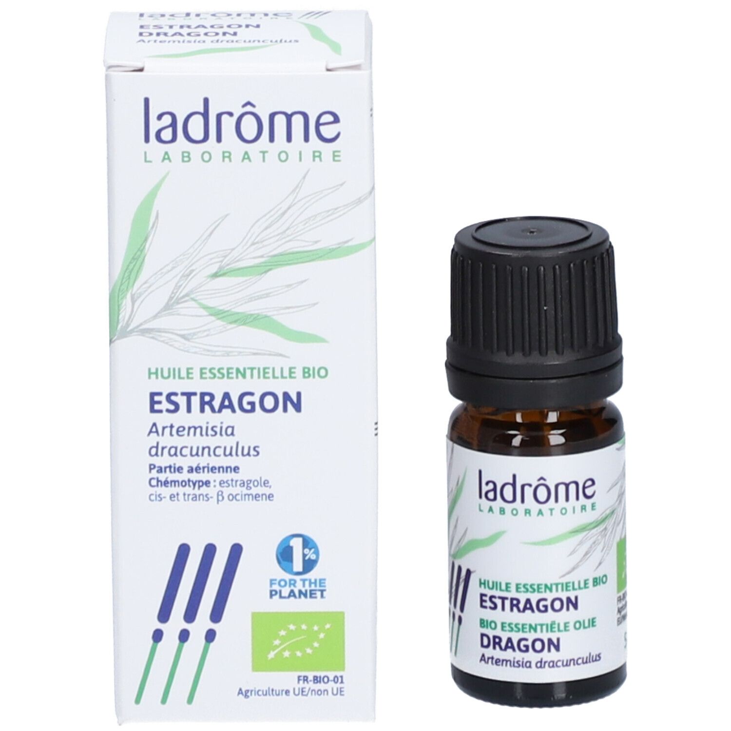 Braunglasflasche und Kartonverpackung. Auf der Flasche: Huile essentielle bio Estragon. Auf der Verpackung: Logo und Text.