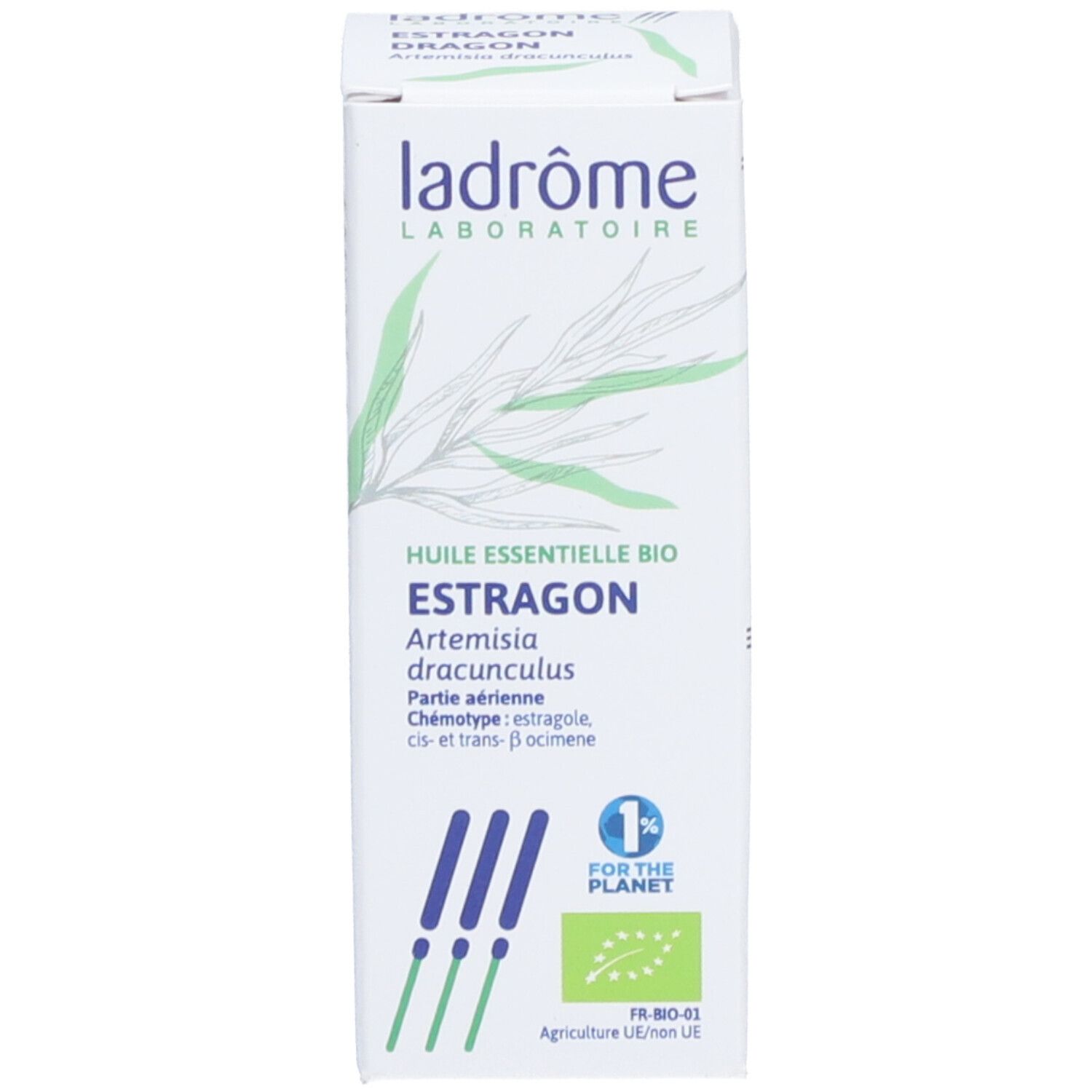 Kartonverpackung mit Logo und Text: Huile essentielle bio Estragon, Artemisia dracunculus.