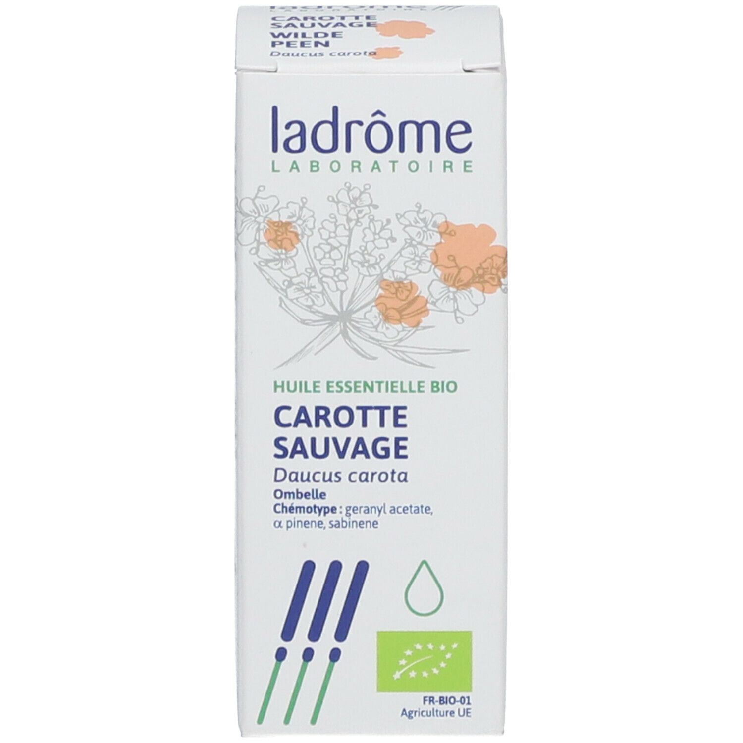 Karton mit Text: Huile essentielle bio Carotte sauvage, Wilde Peen. Bio-Siegel. Flasche nicht sichtbar.
