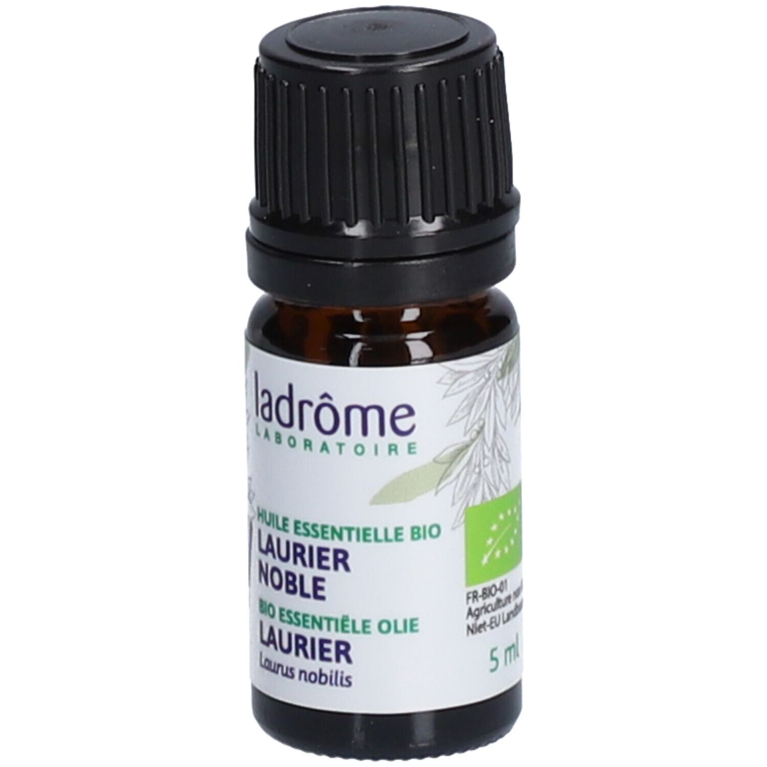 Braune Glasflasche mit schwarzem Deckel. Etikett mit Produktinformationen und Logo, 5 ml.