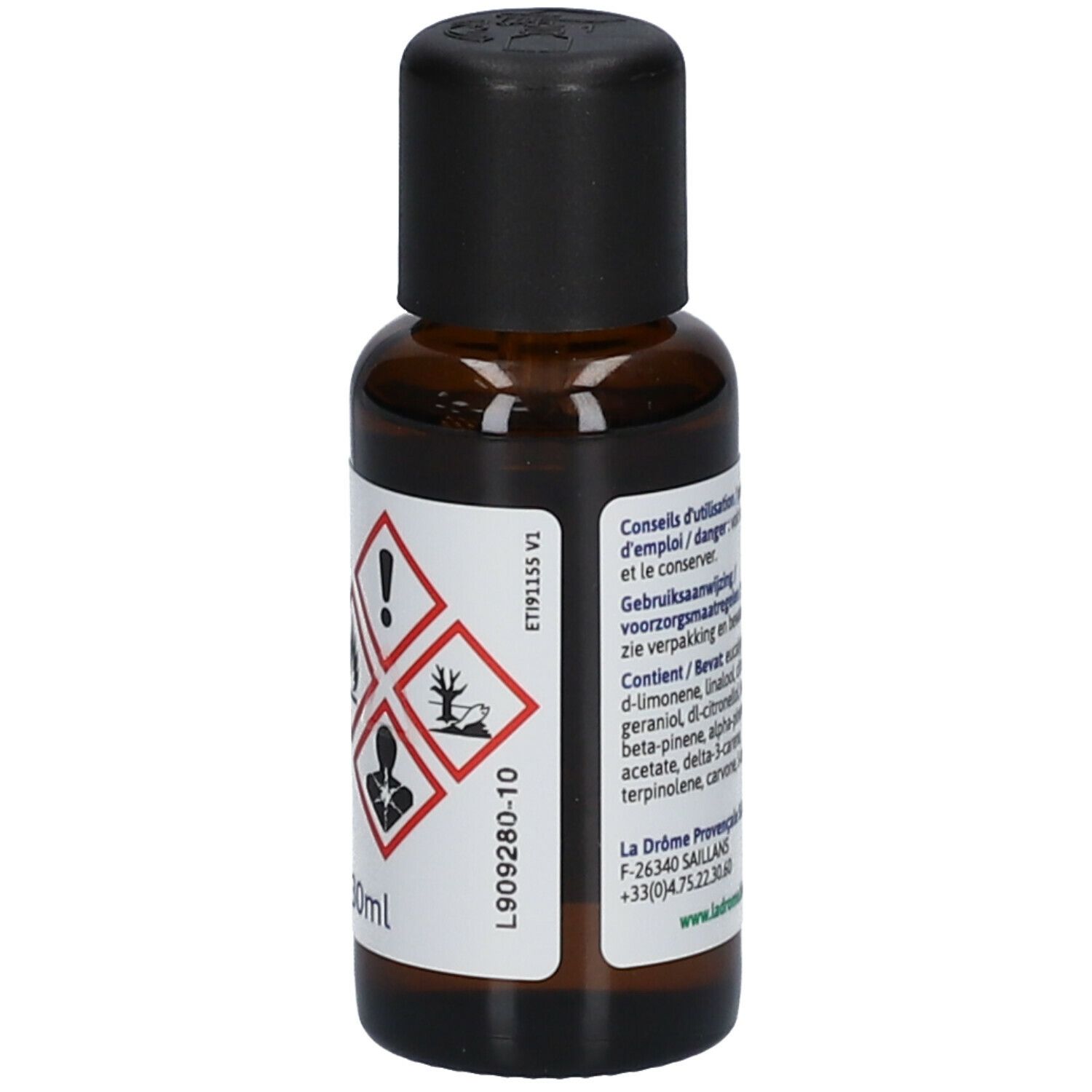 Bruine glazen fles met zwarte dop. Etiket met gevaarsymbolen en tekst. 30ml.