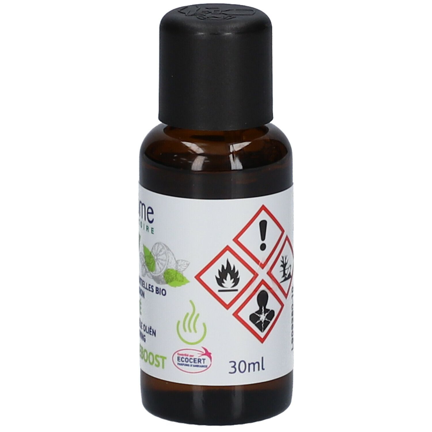 Bruine glazen fles met zwarte dop. Etiket met gevaarsymbolen en tekst. ECOCERT-certificering. 30ml.