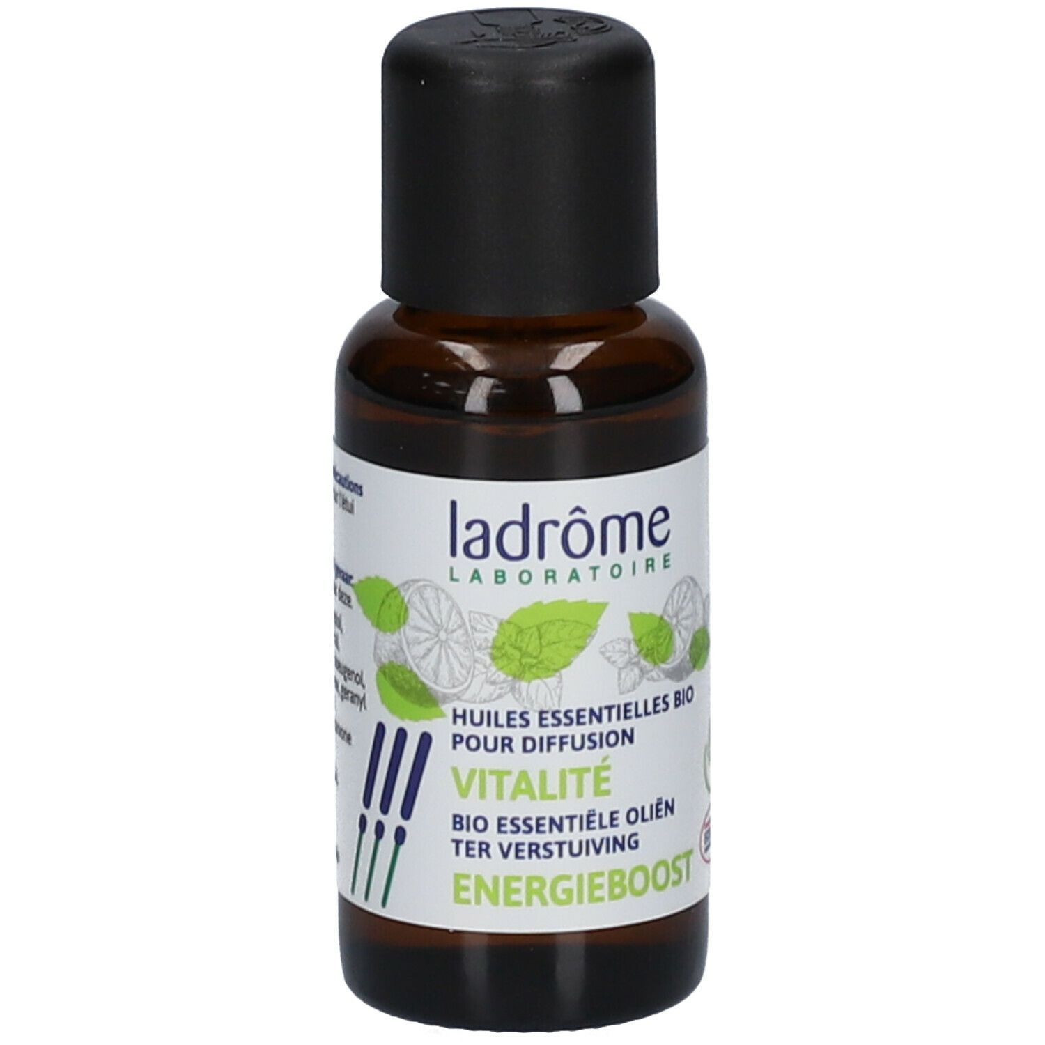 Bruine glazen fles met zwarte dop. Etiket met logo, tekst: Vitaliteit, bio-oliën voor diffusie. ECOCERT-certificering.