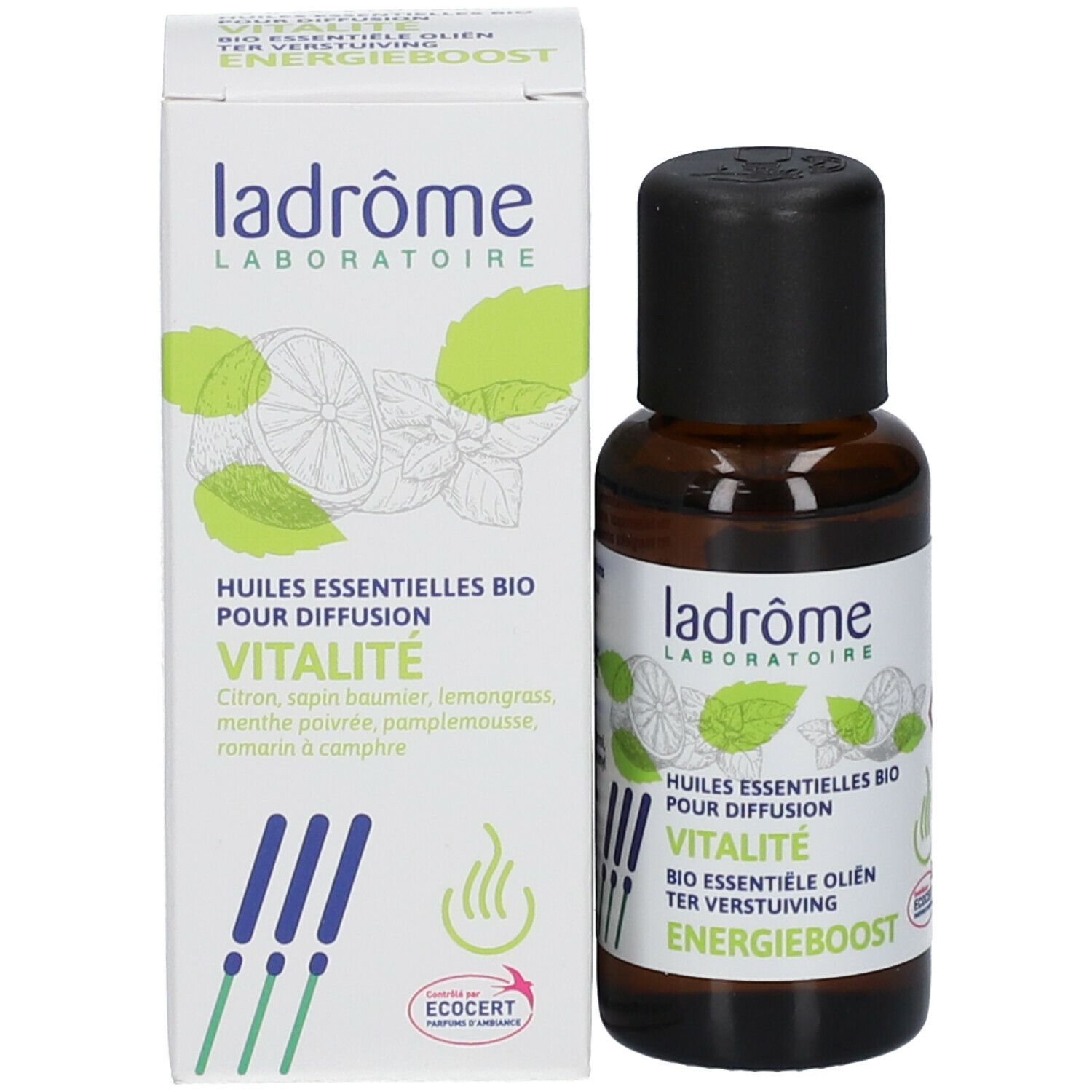 Bruine glazen fles en doos. Fles met zwarte dop. Doos met logo, tekst: Vitaliteit, bio-oliën voor diffusie. ECOCERT.