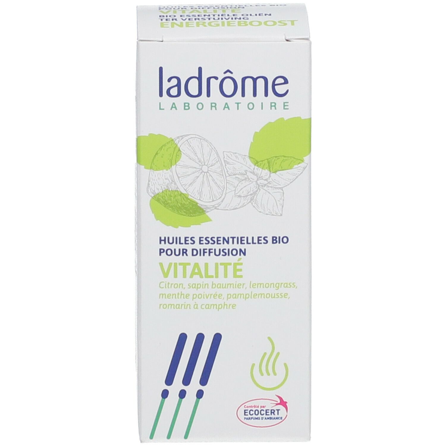 Witte doos met logo en tekst: Vitaliteit, bio-oliën voor diffusie. ECOCERT-certificering. Ingrediënten.