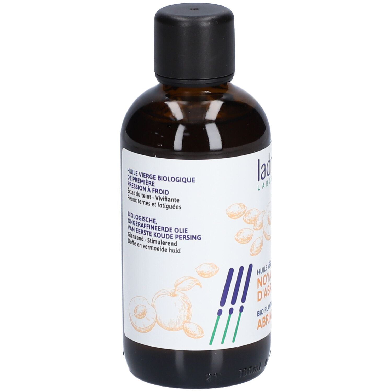 Braune Glasflasche mit schwarzem Deckel. Etikett mit Produktbezeichnung, Logo und Beschreibung. Bio-Zertifizierung.