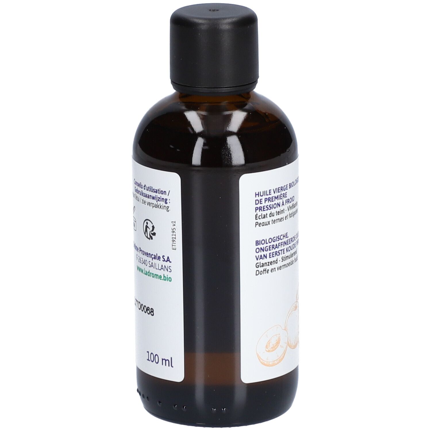 Braune Glasflasche mit schwarzem Deckel. Etikett mit Produktinformationen und Volumenangabe. Herstelleradresse.