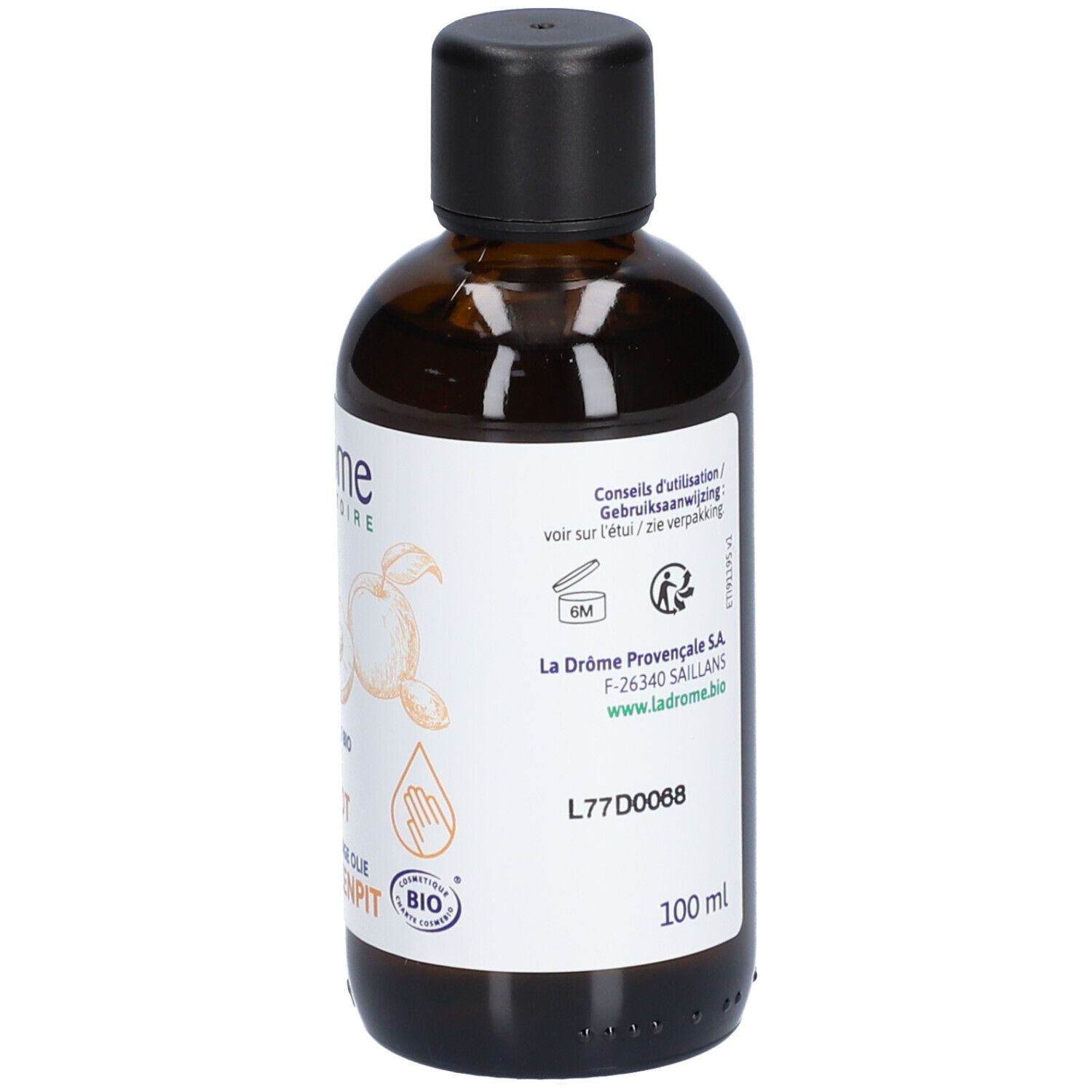 Braune Glasflasche mit schwarzem Deckel. Etikett mit Produktinformationen, Volumenangabe und Logo. Bio-Zertifizierung.