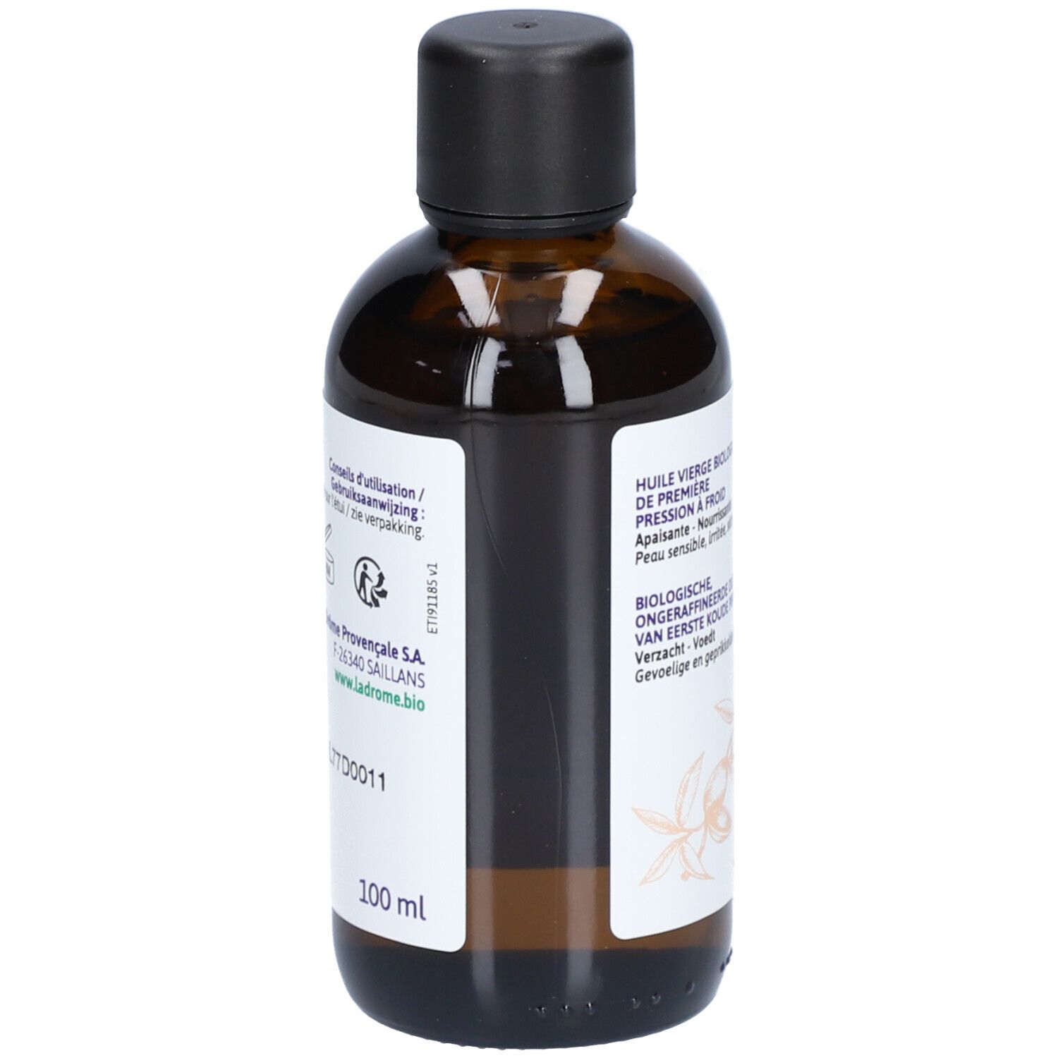 Braune Glasflasche mit schwarzem Deckel. Etikett mit Text und 100 ml. Aufdruck: La Drôme Provençale S.A. Bio-Siegel.