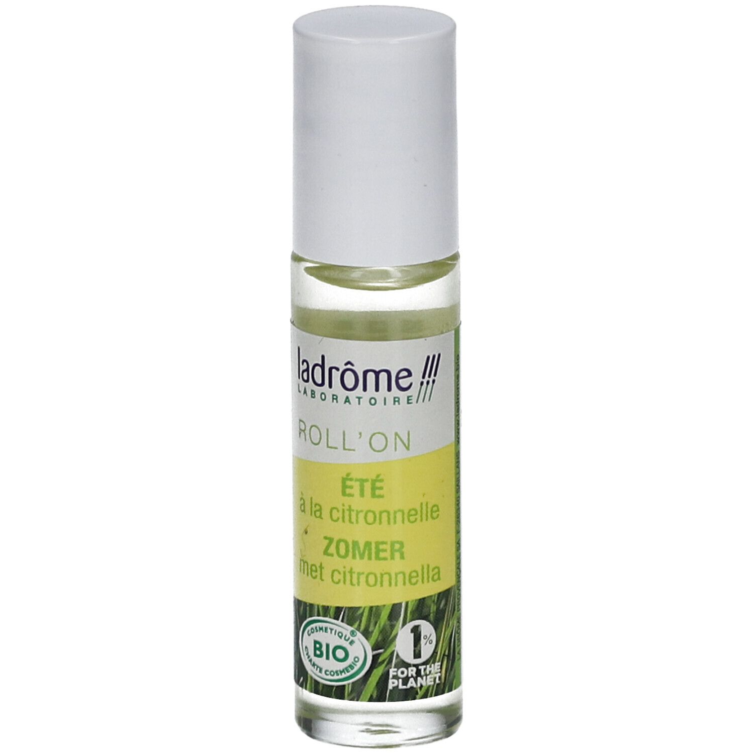 Roll-on fles met witte dop. Opschrift: Ladrôme, Roll'on, bio-certificering.