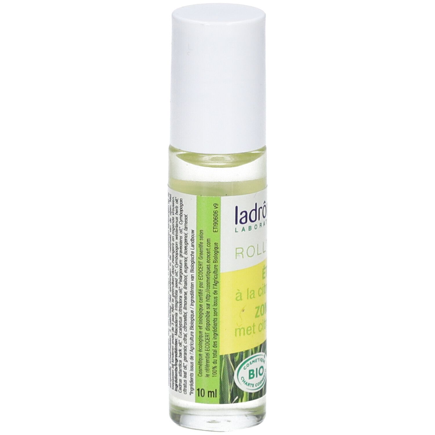 Roll-on fles met witte dop. Opschrift: Ladrôme, Roll'on, bio-certificering, 10 ml.