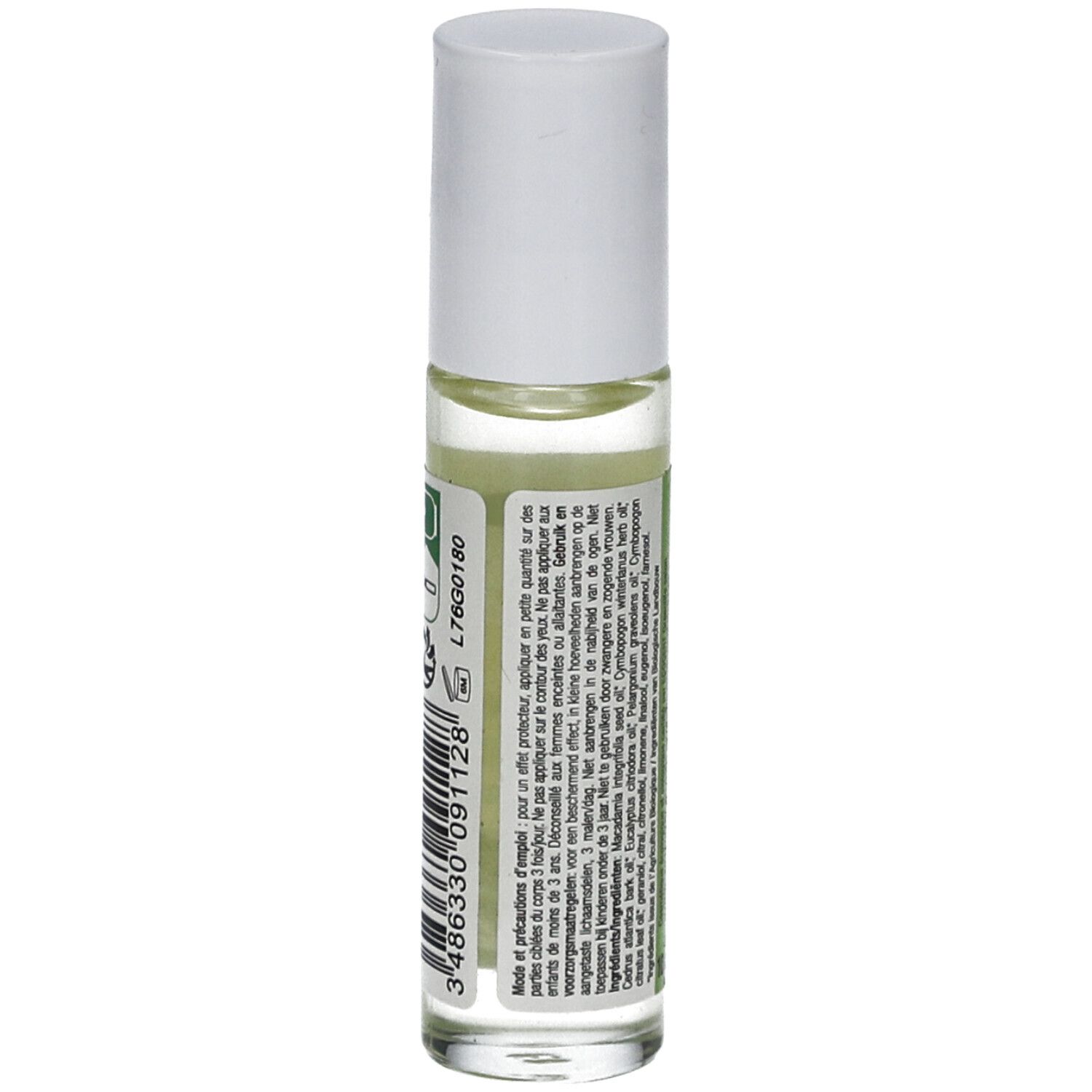Achterkant van een roll-on fles met witte dop. Tekst en barcode.