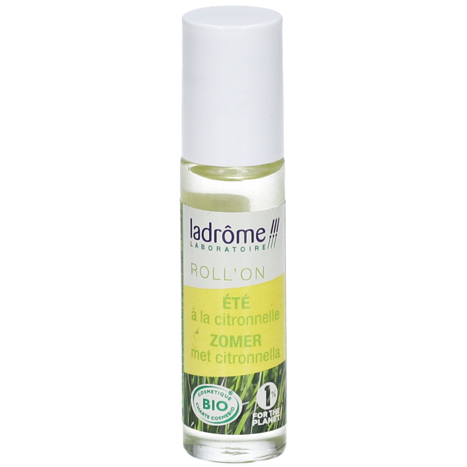 Roll-on fles met witte dop. Opschrift: Ladrôme, Roll'on, bio-certificering.