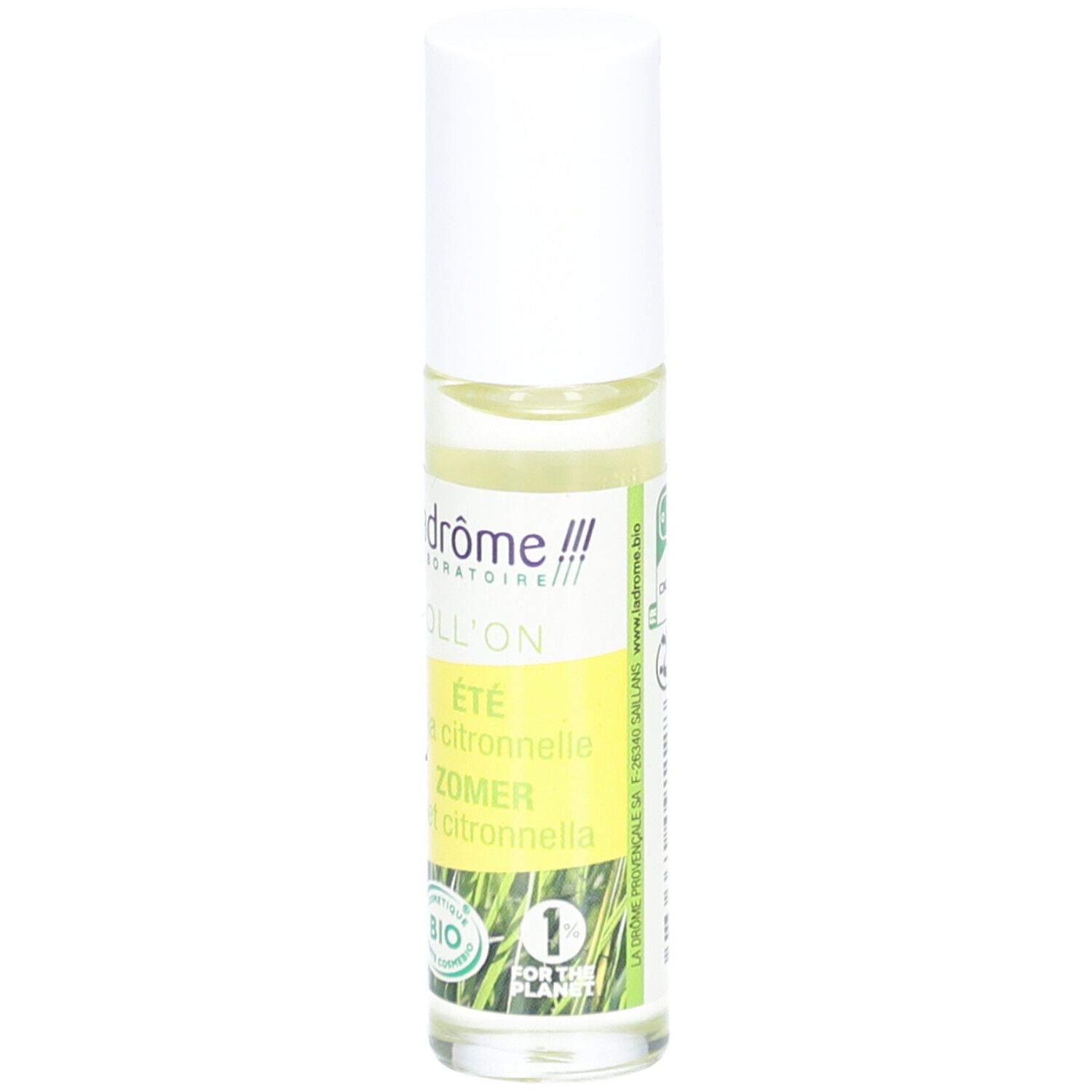 Roll-on fles met witte dop. Opschrift: Ladrôme, Roll'on, bio-certificering.
