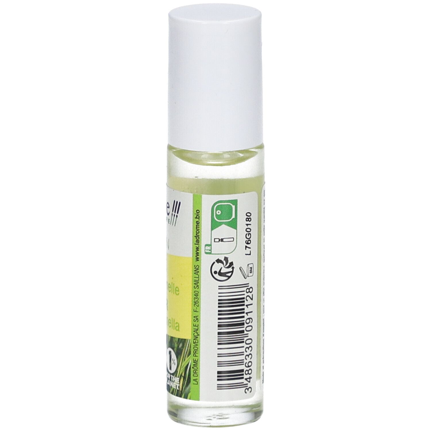 Achterkant van een roll-on fles met witte dop. Tekst en barcode.