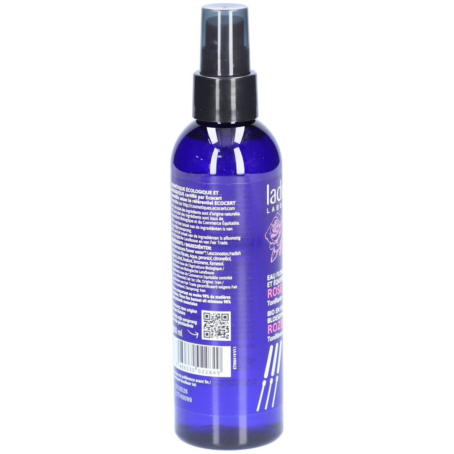 Achterkant van de blauwe fles. Tekst: ingrediënten, gebruiksaanwijzing. QR-code en barcode. Label: Ecocert.