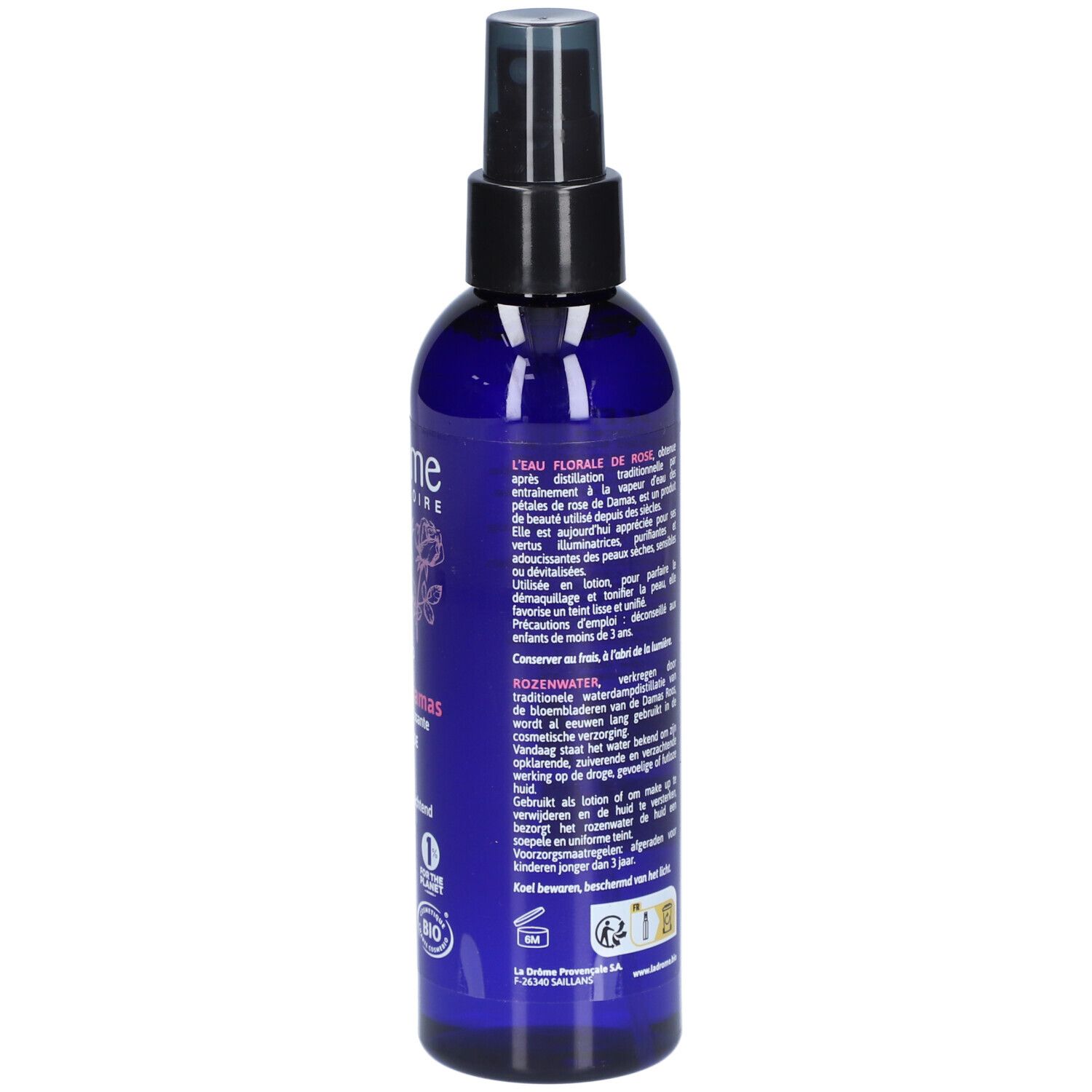 Achterkant van de blauwe fles. Tekst: ingrediënten, gebruiksaanwijzing. Label: Ecocert. Volume: 200 ml.