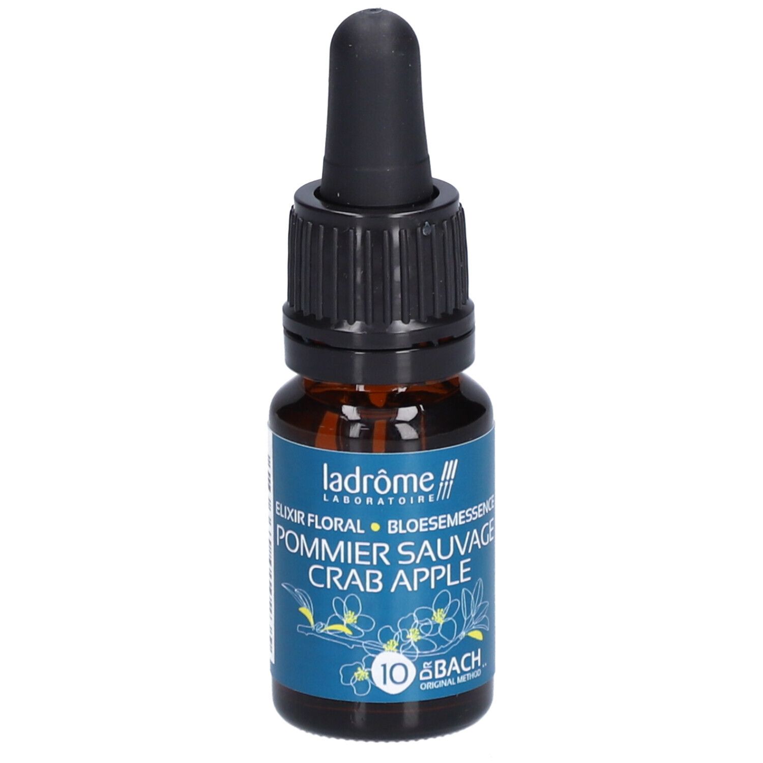 Bruine glazen fles met zwarte druppelaar. Blauw etiket met tekst: Pommier Sauvage Crab Apple, 10 Bach.