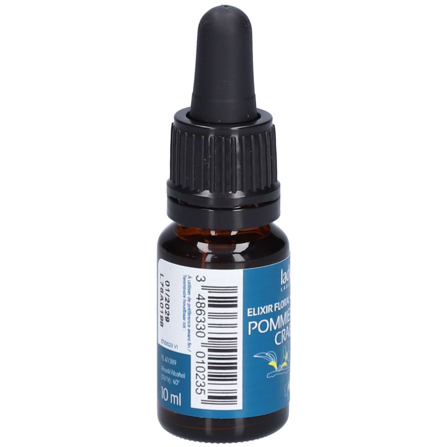Bruine glazen fles met zwarte druppelaar. Blauw etiket met tekst: Pommier Sauvage Crab Apple, 10 Bach.
