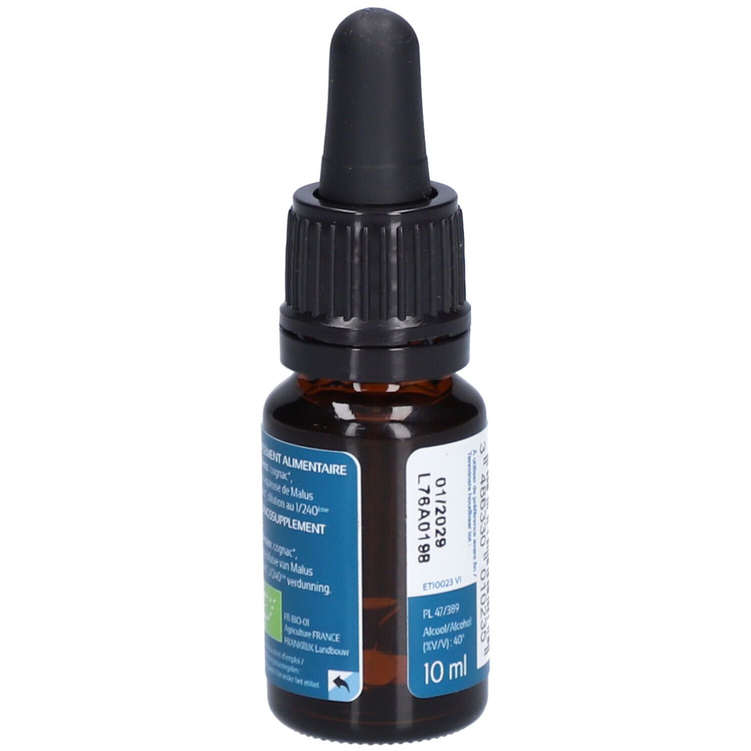 Bruine glazen fles met zwarte druppelaar. Blauw etiket met tekst en 10 ml. Bio-label.