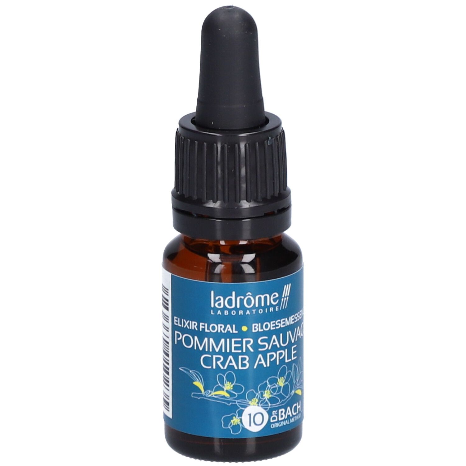 Bruine glazen fles met zwarte druppelaar. Blauw etiket met tekst: Pommier Sauvage Crab Apple, 10 Bach.