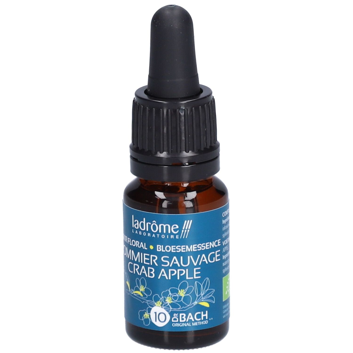 Bruine glazen fles met zwarte druppelaar. Blauw etiket met tekst: Pommier Sauvage Crab Apple, 10 Bach.