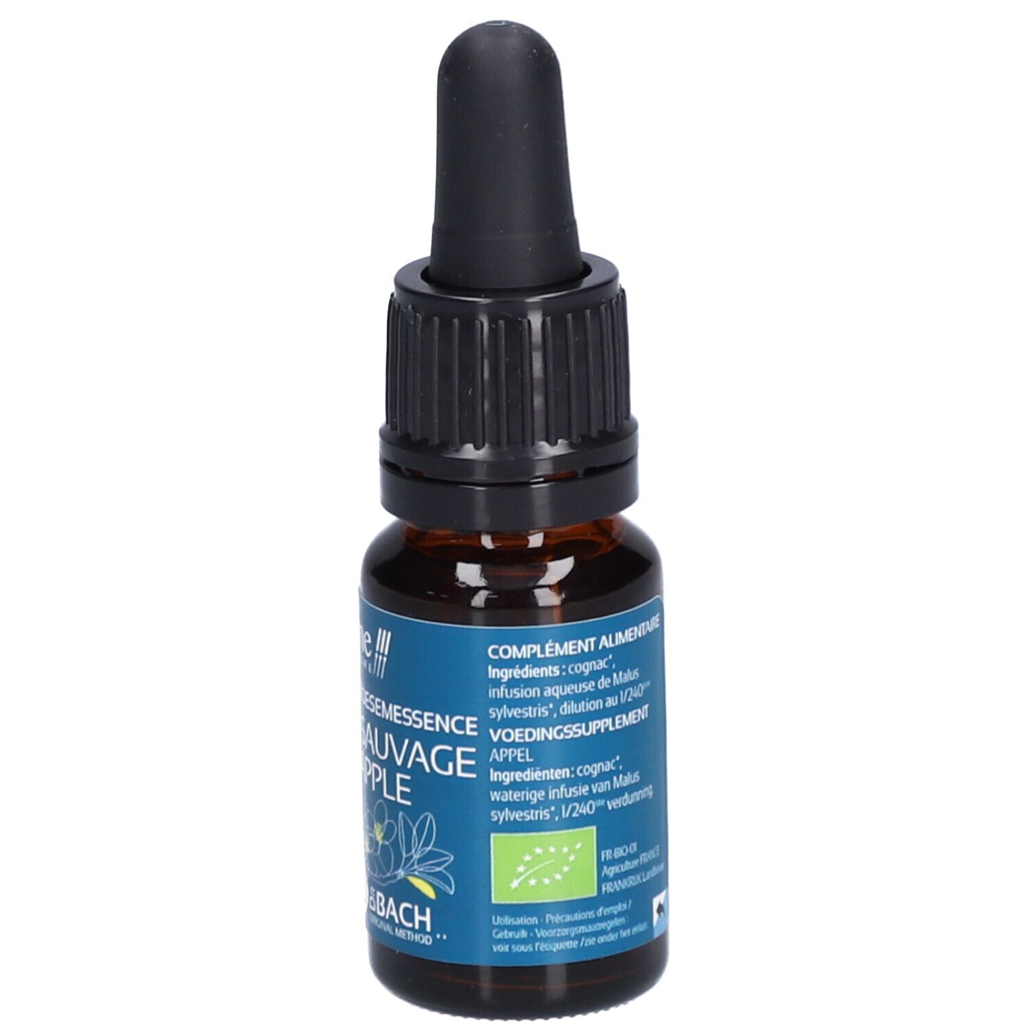 Bruine glazen fles met zwarte druppelaar. Blauw etiket met tekst en bio-label.