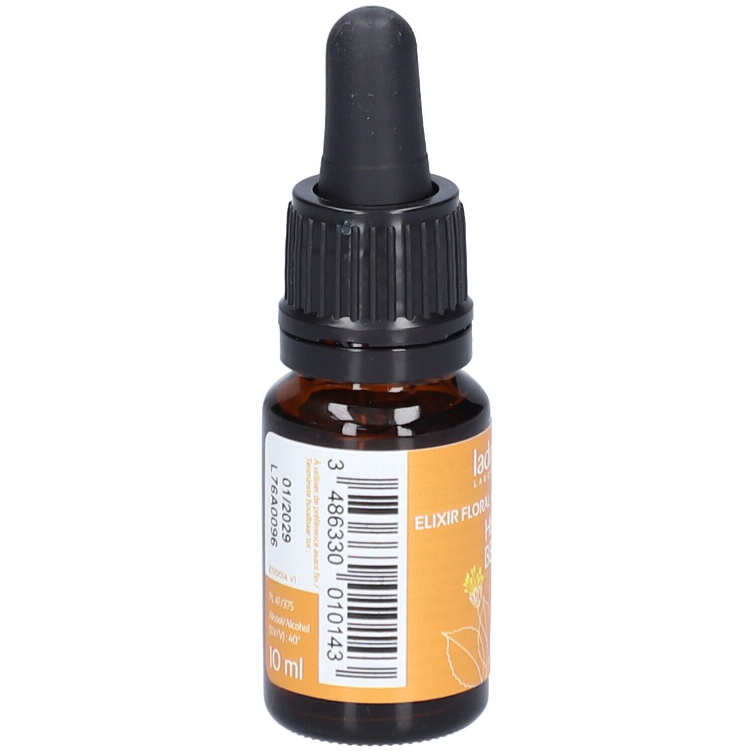 Braune Glasflasche mit schwarzem Tropfer. Etikett mit Text und Barcode. Marke: Ladrôme. Inhalt: 10 ml.
