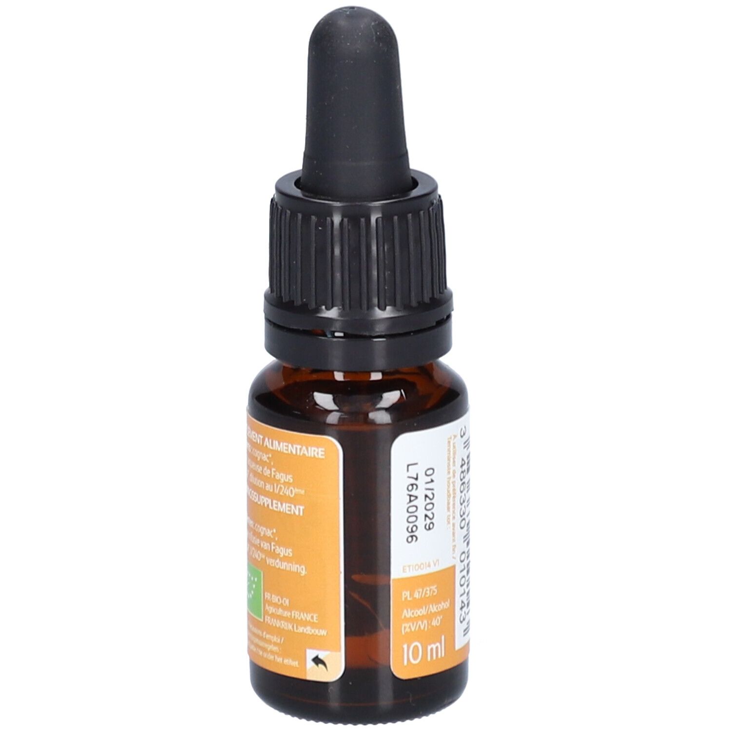 Braune Glasflasche mit schwarzem Tropfer. Etikett mit Text und Bio-Siegel. Marke: Ladrôme. Inhalt: 10 ml.