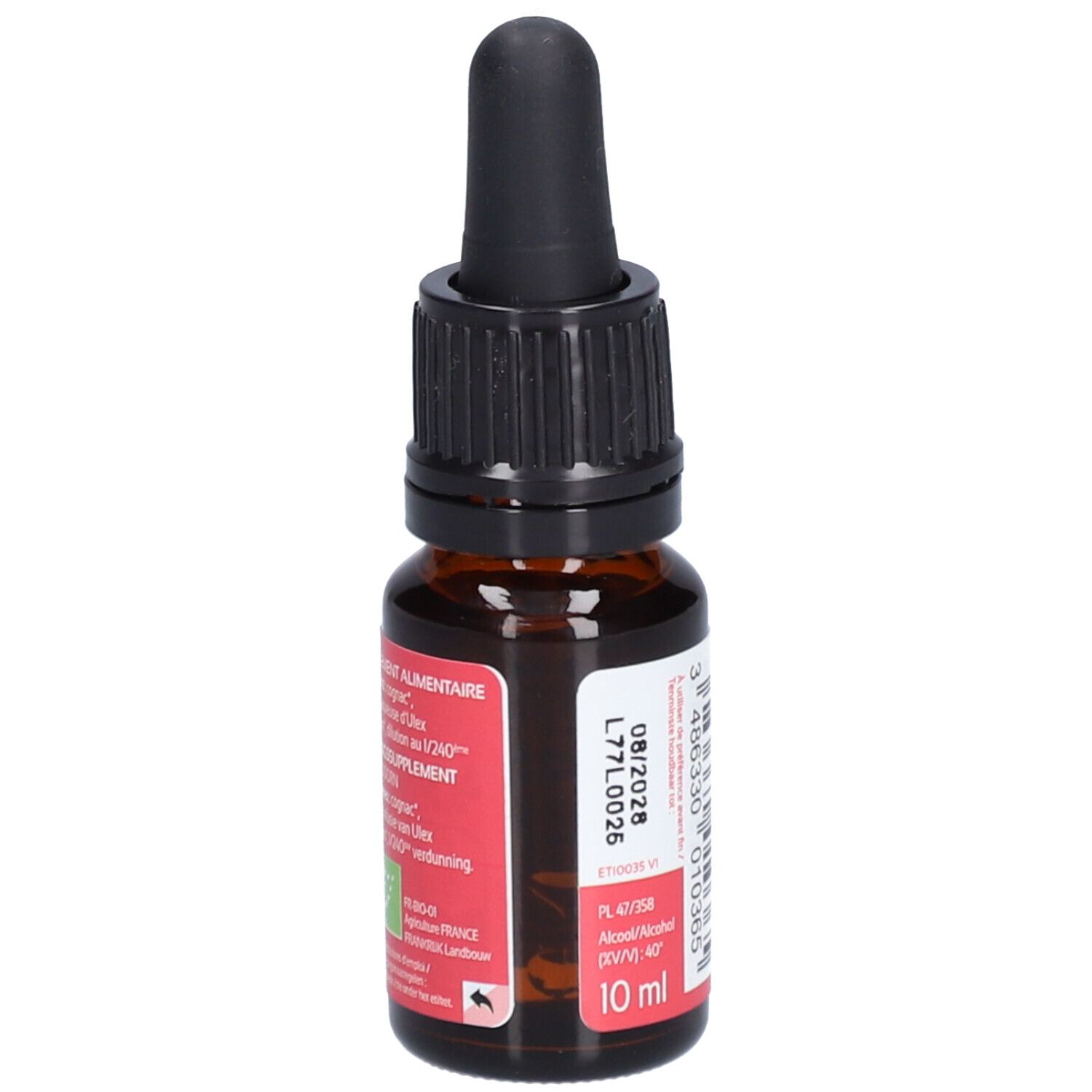 Braunglasflasche mit schwarzem Tropfer. Rotes Etikett mit floralem Design und Text: AJONC GORSE, 13 & BACH. 10 ml.
