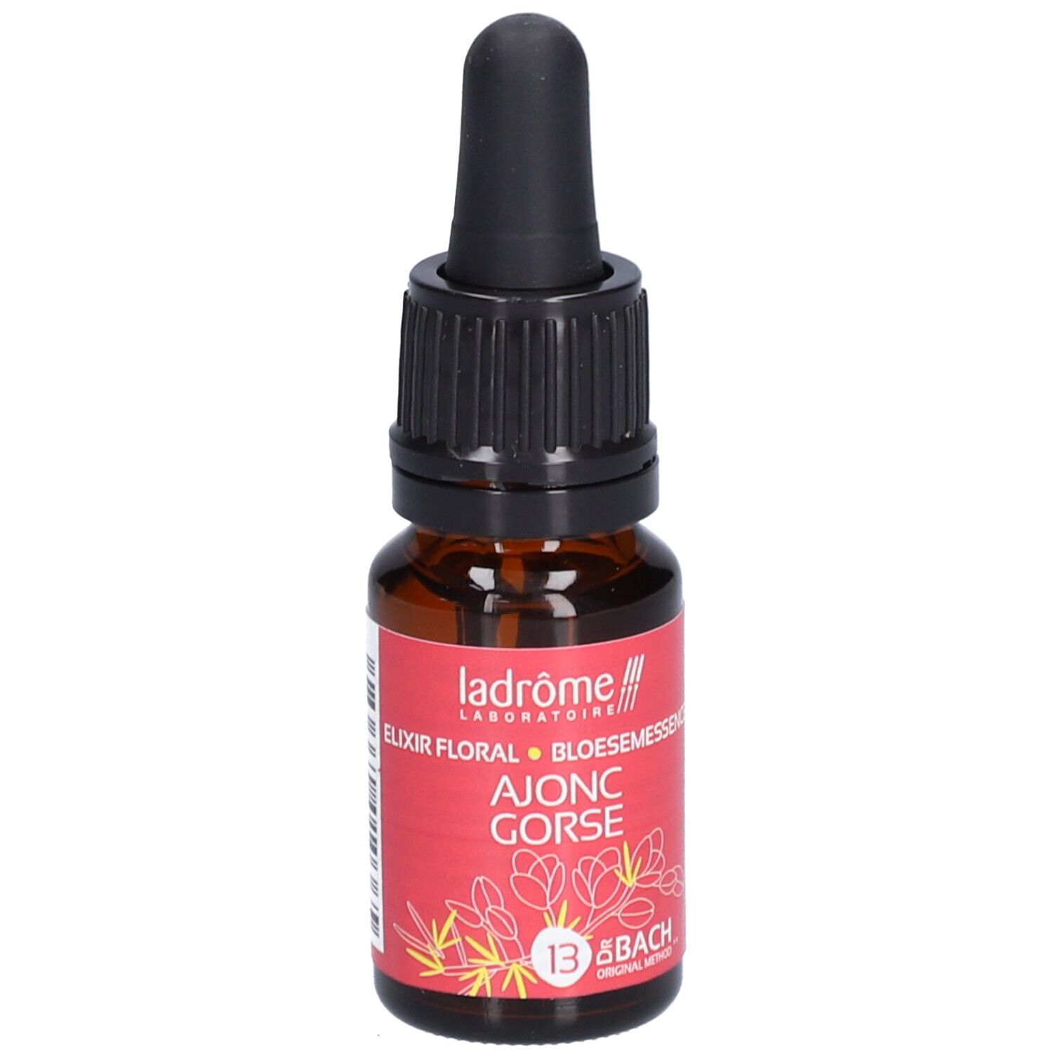 Braunglasflasche mit schwarzem Tropfer. Rotes Etikett mit floralem Design und Text: AJONC GORSE, 13 & BACH. 10 ml.