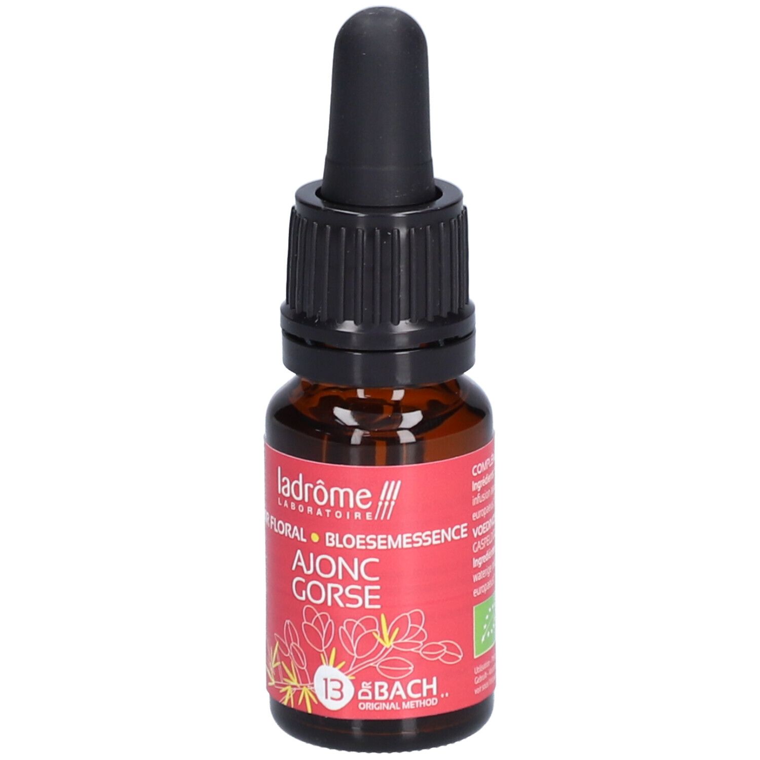 Braunglasflasche mit schwarzem Tropfer. Rotes Etikett mit floralem Design und Text: AJONC GORSE, 13 & BACH. 10 ml.