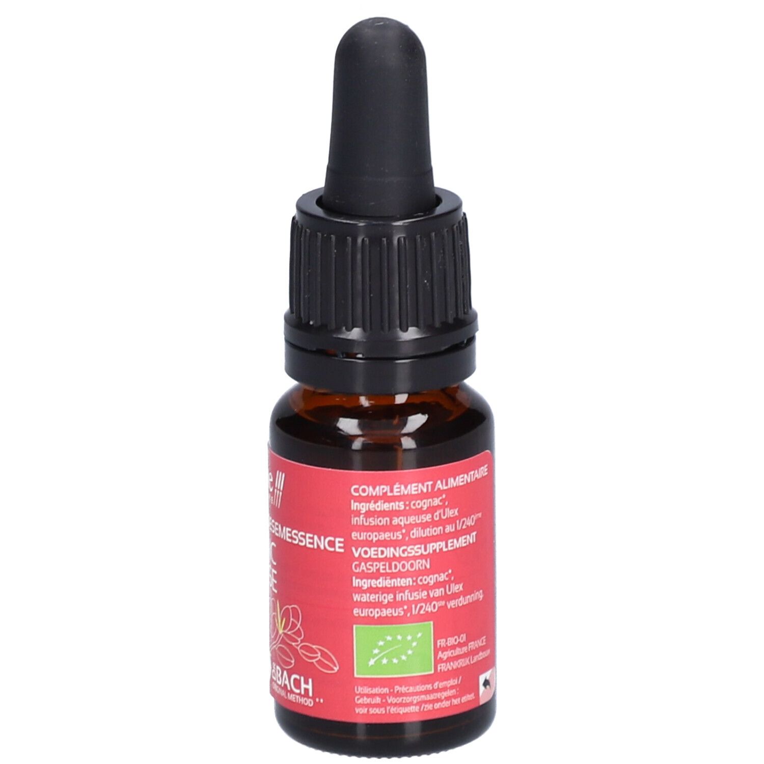 Braunglasflasche mit schwarzem Tropfer. Rotes Etikett mit floralem Design und Text: AJONC GORSE, 13 & BACH. 10 ml.