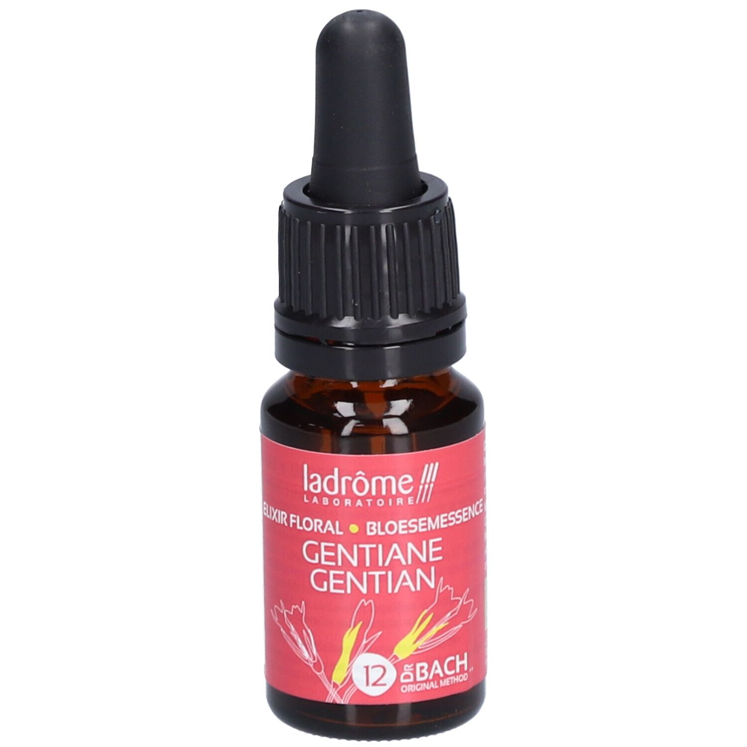 Flacon en verre brun avec compte-gouttes noir. Étiquette rouge avec texte: "Gentiane Gentian". Marque: Ladrôme.