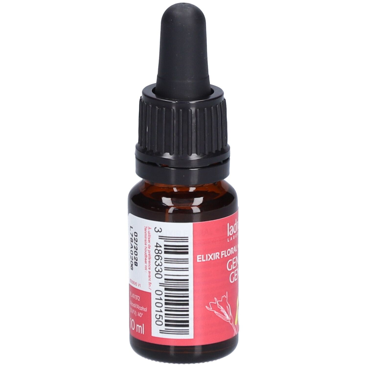 Flacon en verre brun avec compte-gouttes noir. Étiquette rouge avec texte: "Gentiane Gentian". Marque: Ladrôme.