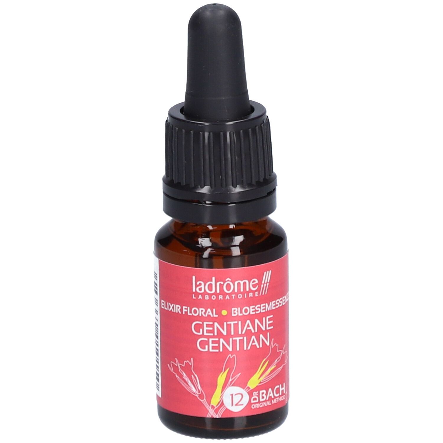 Flacon en verre brun avec compte-gouttes noir. Étiquette rouge avec texte et code-barres. Marque: Ladrôme. Volume: 10 ml.