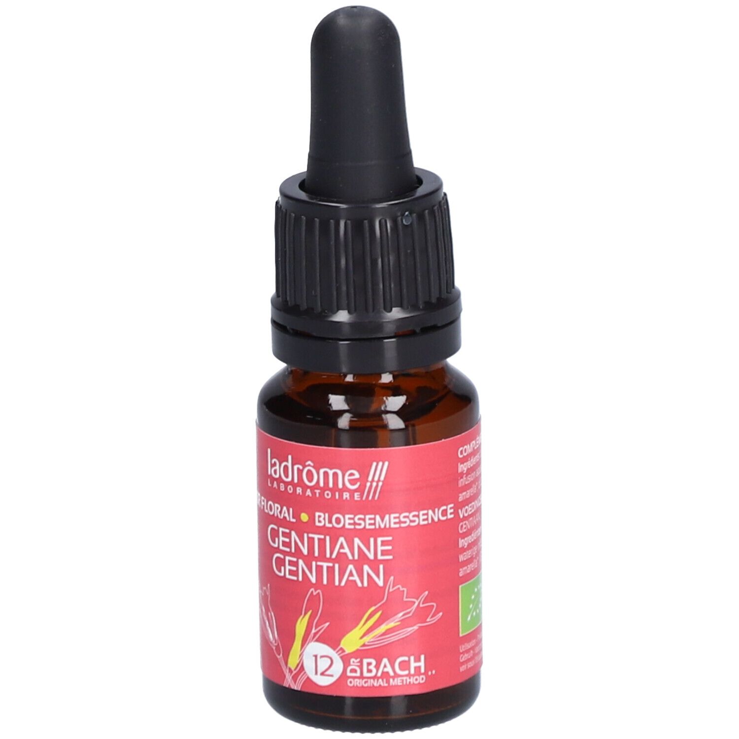Flacon en verre brun avec compte-gouttes noir. Étiquette rouge avec texte et code-barres. Marque: Ladrôme. Volume: 10 ml.